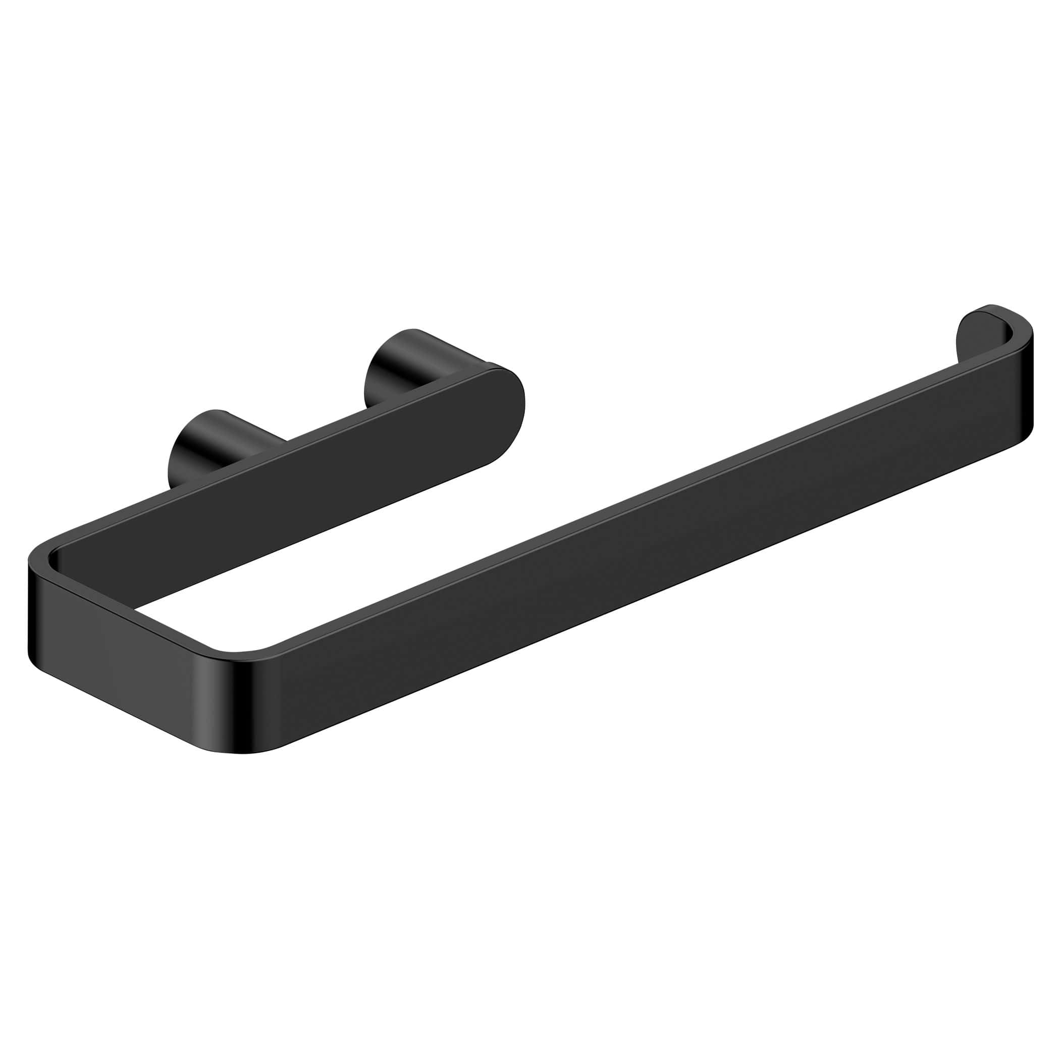 Sleek black bathroom towel holder with modern minimalist design, wall-mounted for convenience and style at Bubly Bathrooms. Perfect for contemporary bathroom spaces.