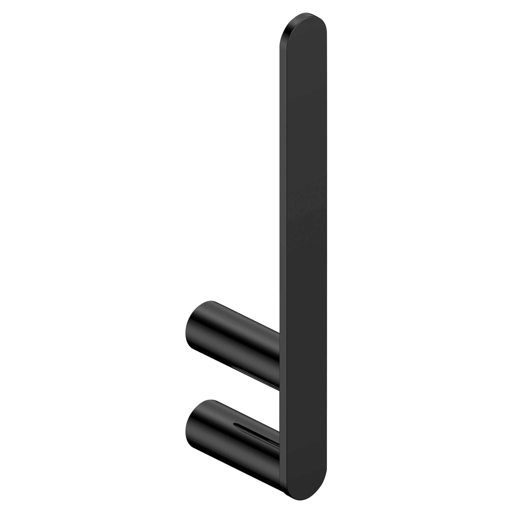 Black bathroom towel holder with modern design, wall-mounted, ideal for contemporary bathrooms, made from durable materials for sleek storage.