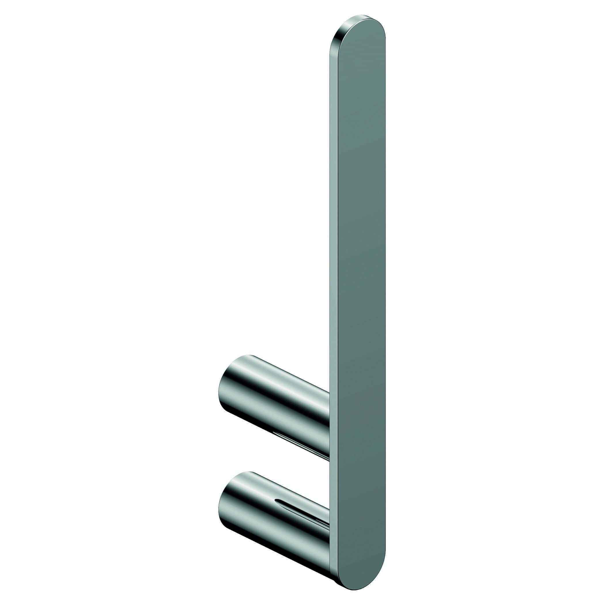 Sleek stainless steel bathroom accessory with two cylindrical towel bars mounted on a modern vertical backplate, ideal for contemporary bathrooms.