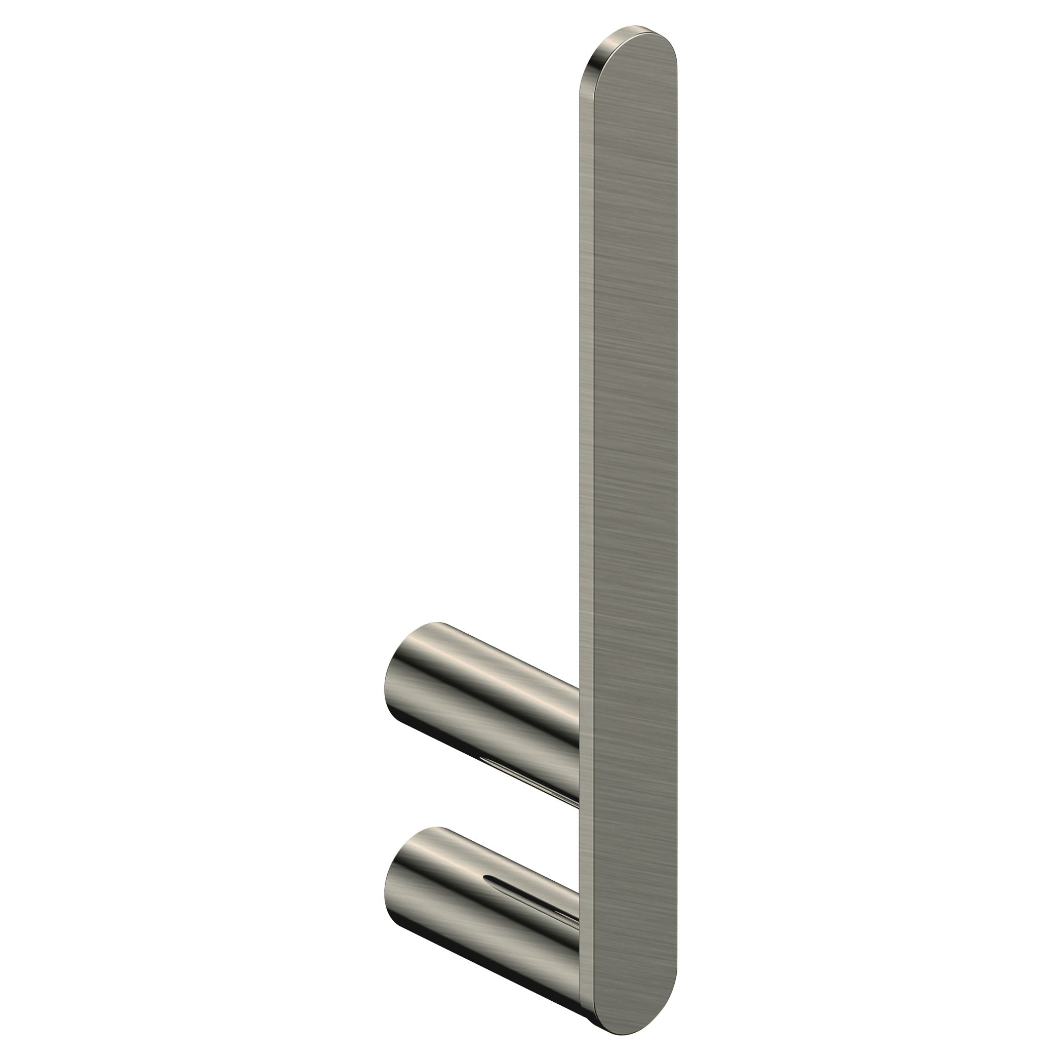 Stainless steel bathroom wall hook with two prongs, modern durable design for towels and robes. Perfect for enhancing bathroom organisation and style.