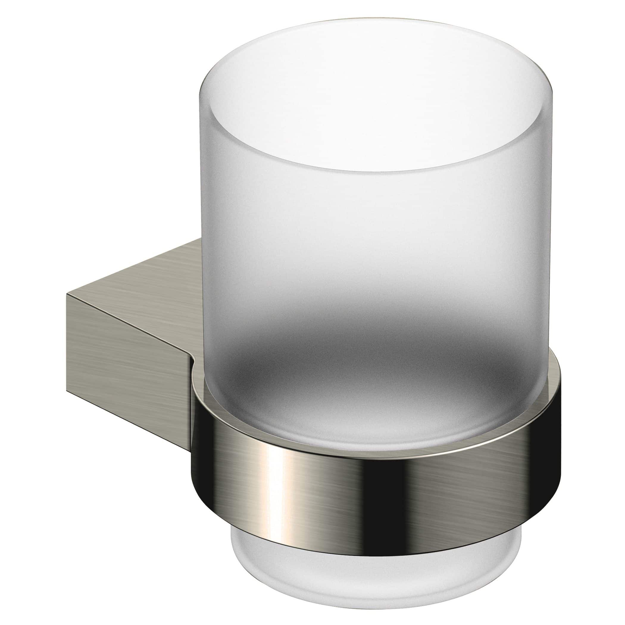 Sleek modern bathroom accessories featuring stainless steel and frosted glass design, perfect for contemporary bathroom decor and storage solutions.