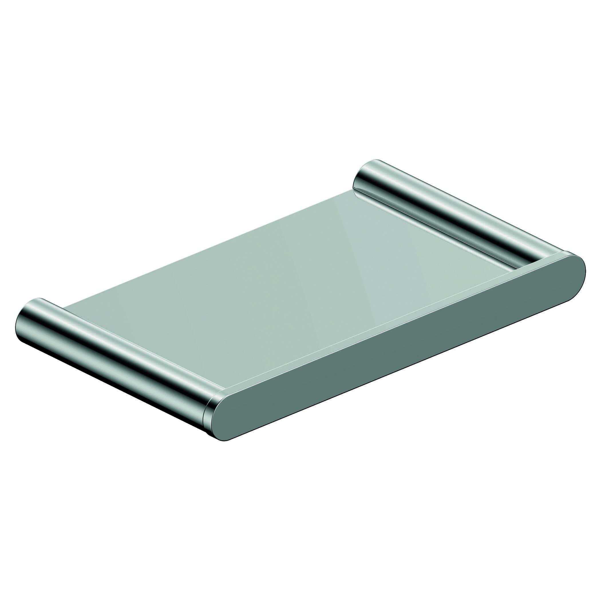 Chrome bathroom shelf with rounded edges, sleek modern design, ideal for storing toiletries and accessories in contemporary bathrooms.