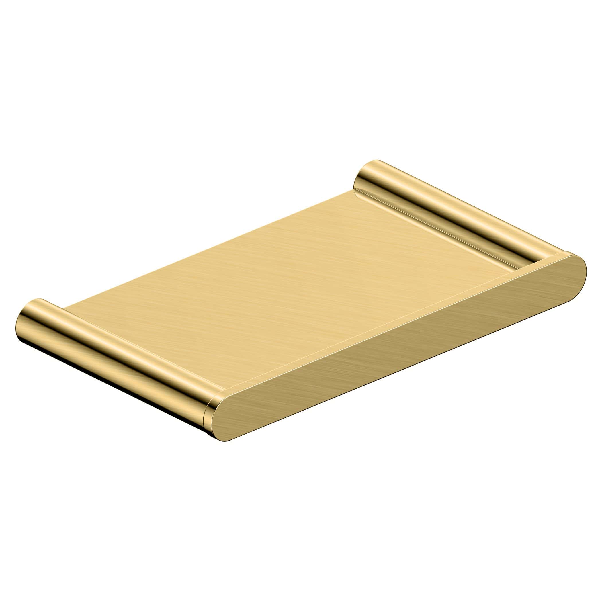 Polished brass bathroom soap dish with cylindrical edges, modern and elegant design for contemporary bathrooms.