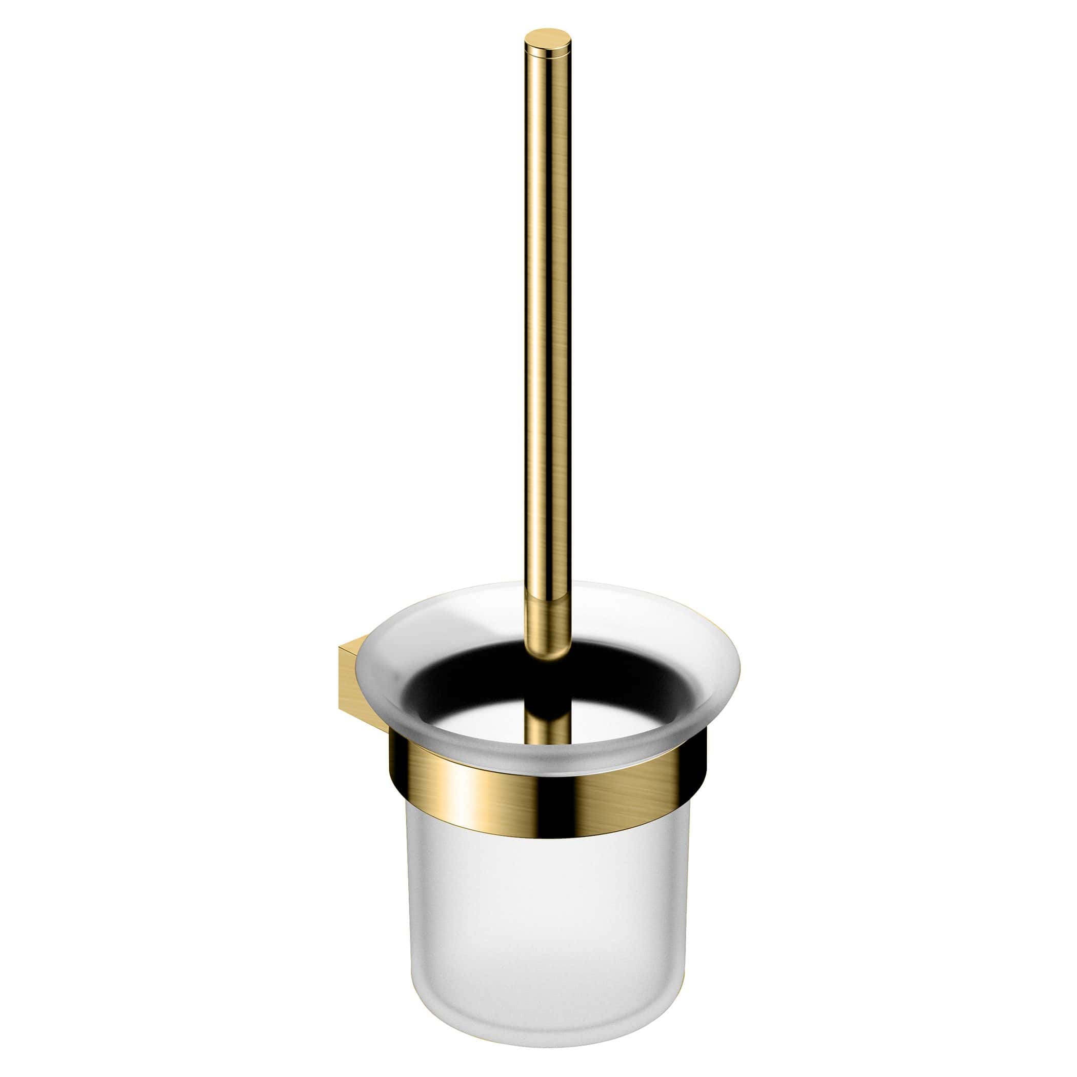 Shiny gold and stainless steel toilet brush holder with a modern design, perfect for contemporary bathrooms. Durable and stylish for easy toilet cleaning.
