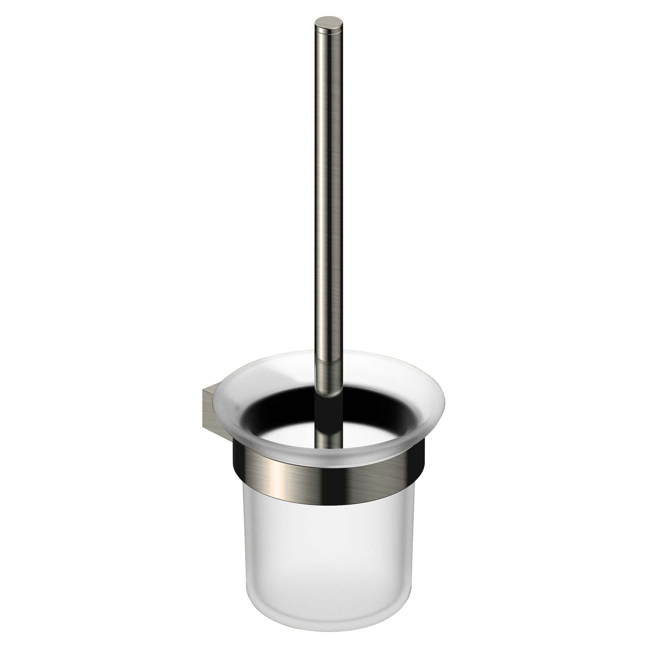 Stainless steel toilet brush holder with ergonomic handle, modern design, ideal for bathroom cleaning and hygiene. Perfect for contemporary bathroom decor.