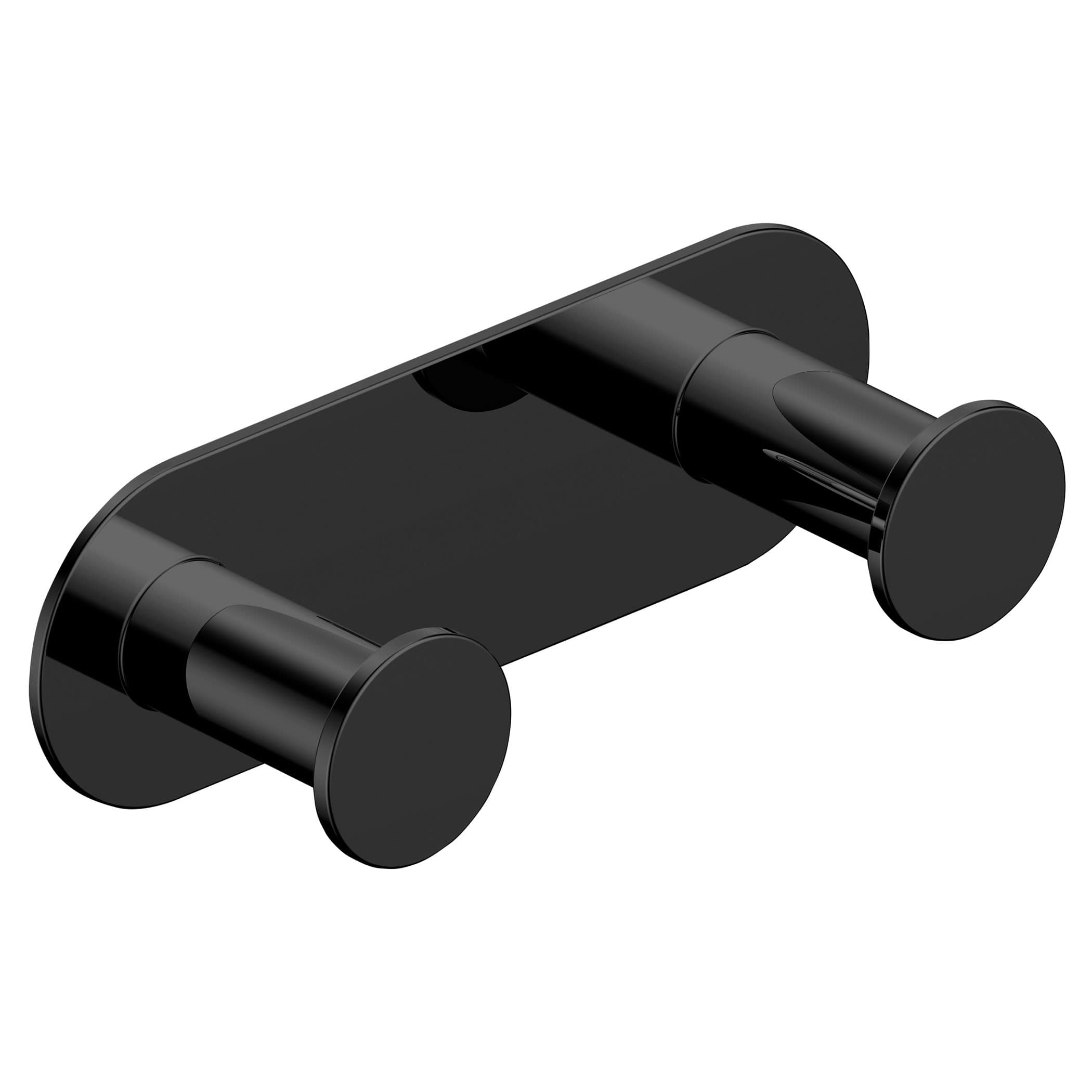 Sleek black bathroom shelf with cylindrical support brackets, modern design for organising bathroom essentials, durable and stylish for contemporary bathroom decor.