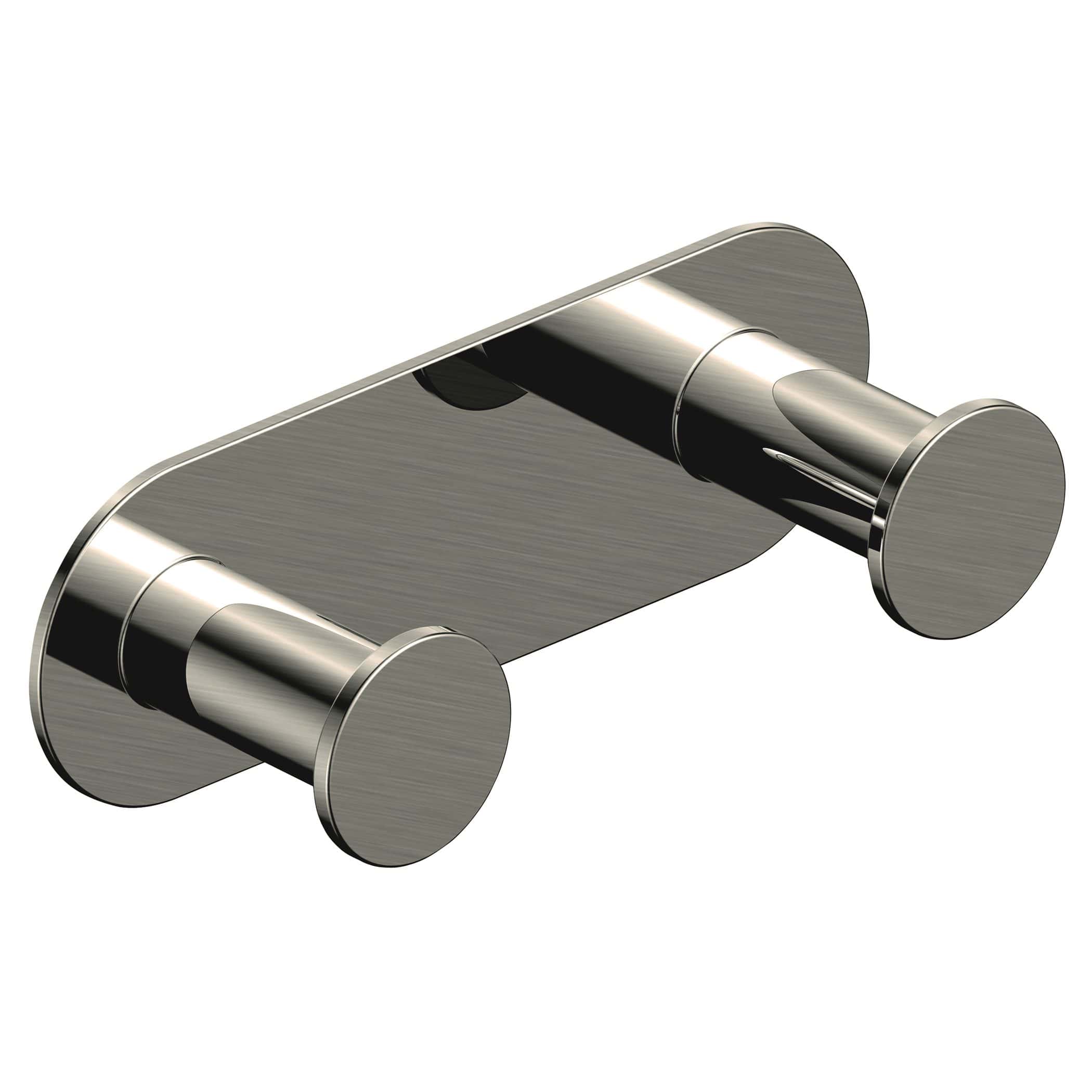 Polished stainless steel double robe hook ideal for modern bathroom accessory storage.
