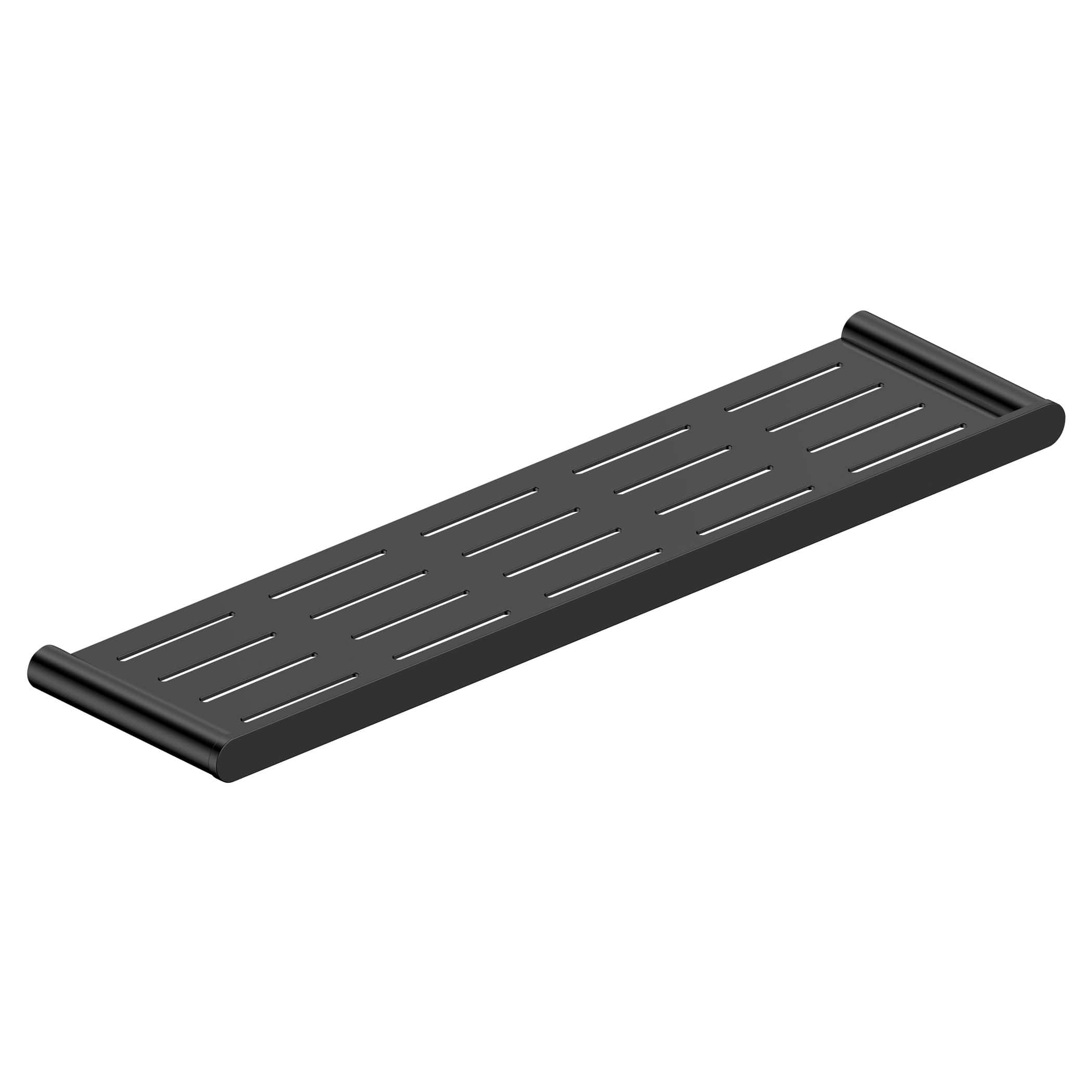 Slim black shower shelf with multiple drainage slots, perfect for Bathroom storage solutions. Durable and easy to install, ideal for organising toiletries in modern bathrooms.