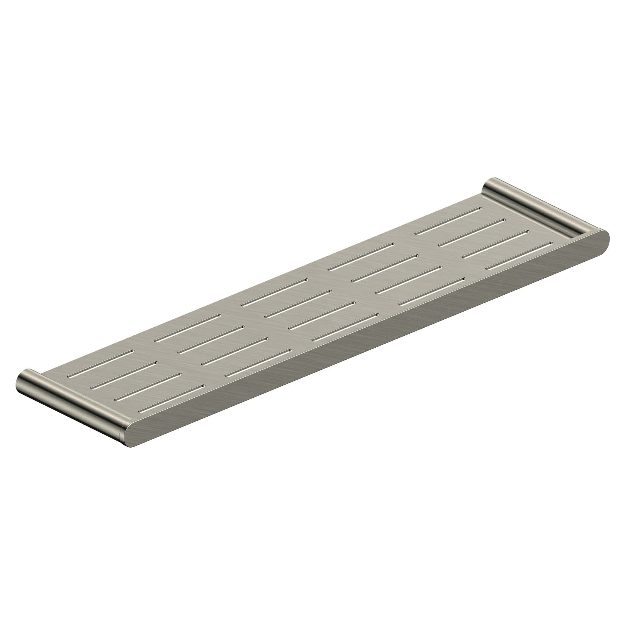 Stainless steel shower shelf with slotted design for easy drainage and modern look, ideal for bathroom storage.