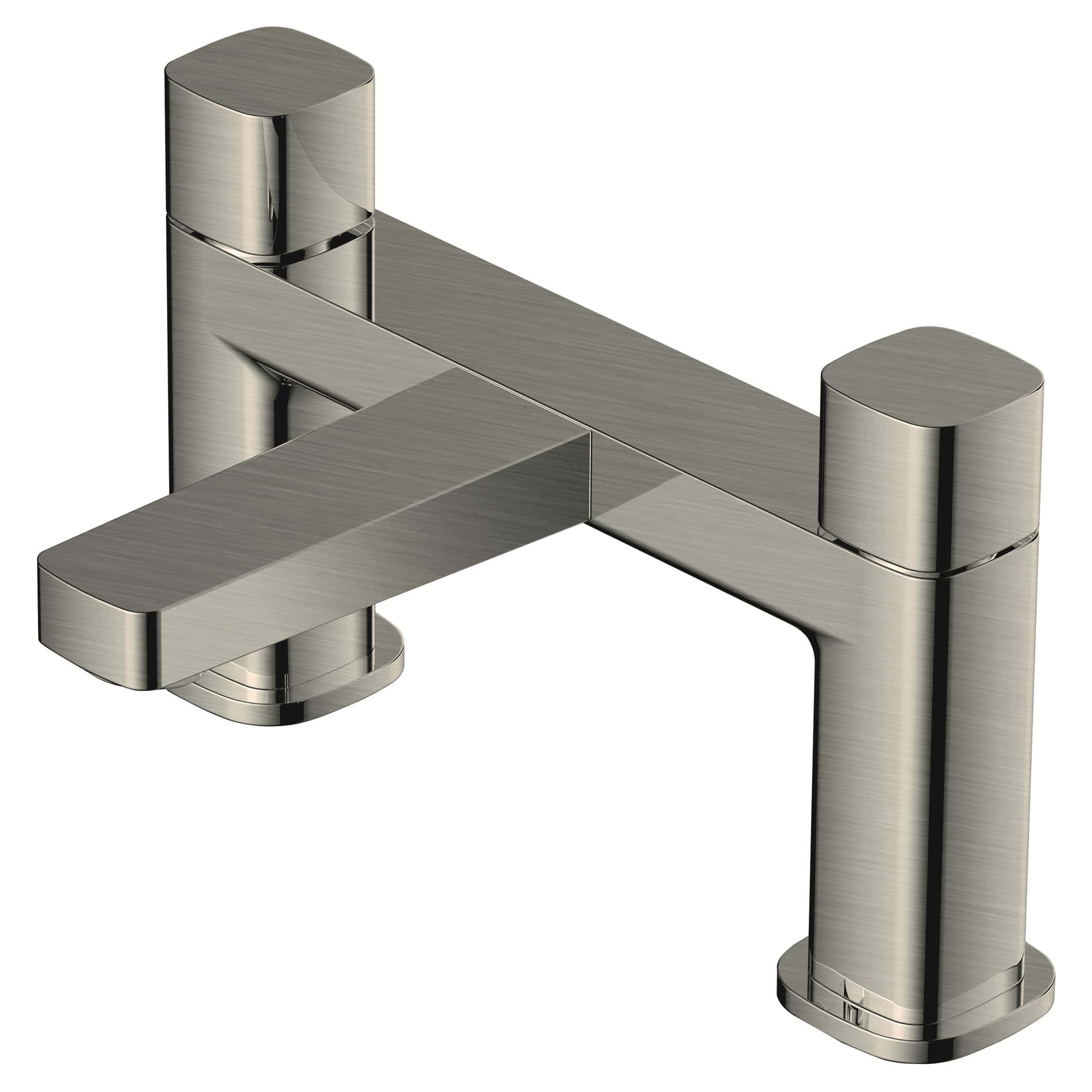 Brushed nickel bathroom faucet, modern minimalist design with sleek cylindrical handles, ideal for contemporary bathroom sink installations. Perfect for stylish and functional bathroom upgrades.