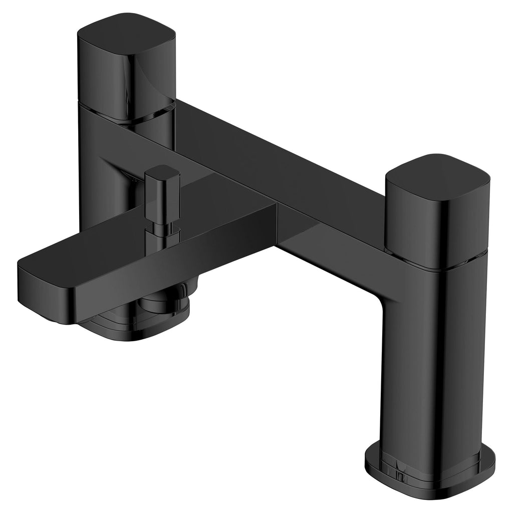 Sleek black modern kitchen or bathroom mixer tap with a contemporary angular design, ideal for elegant renovation projects.