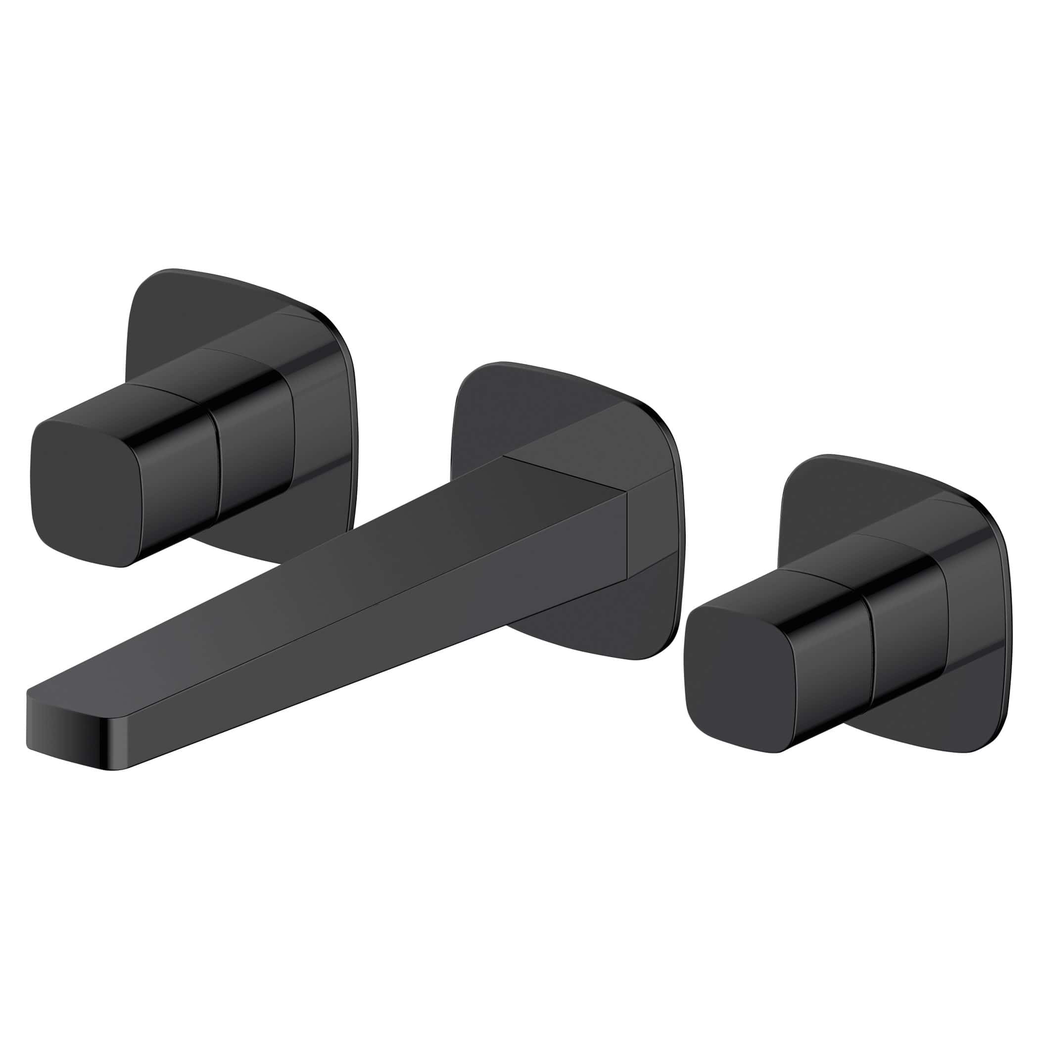 Matte black wall-mounted bathroom sink tap with dual control handles for hot and cold water. Modern design, sleek and minimalist for contemporary bathroom interiors.