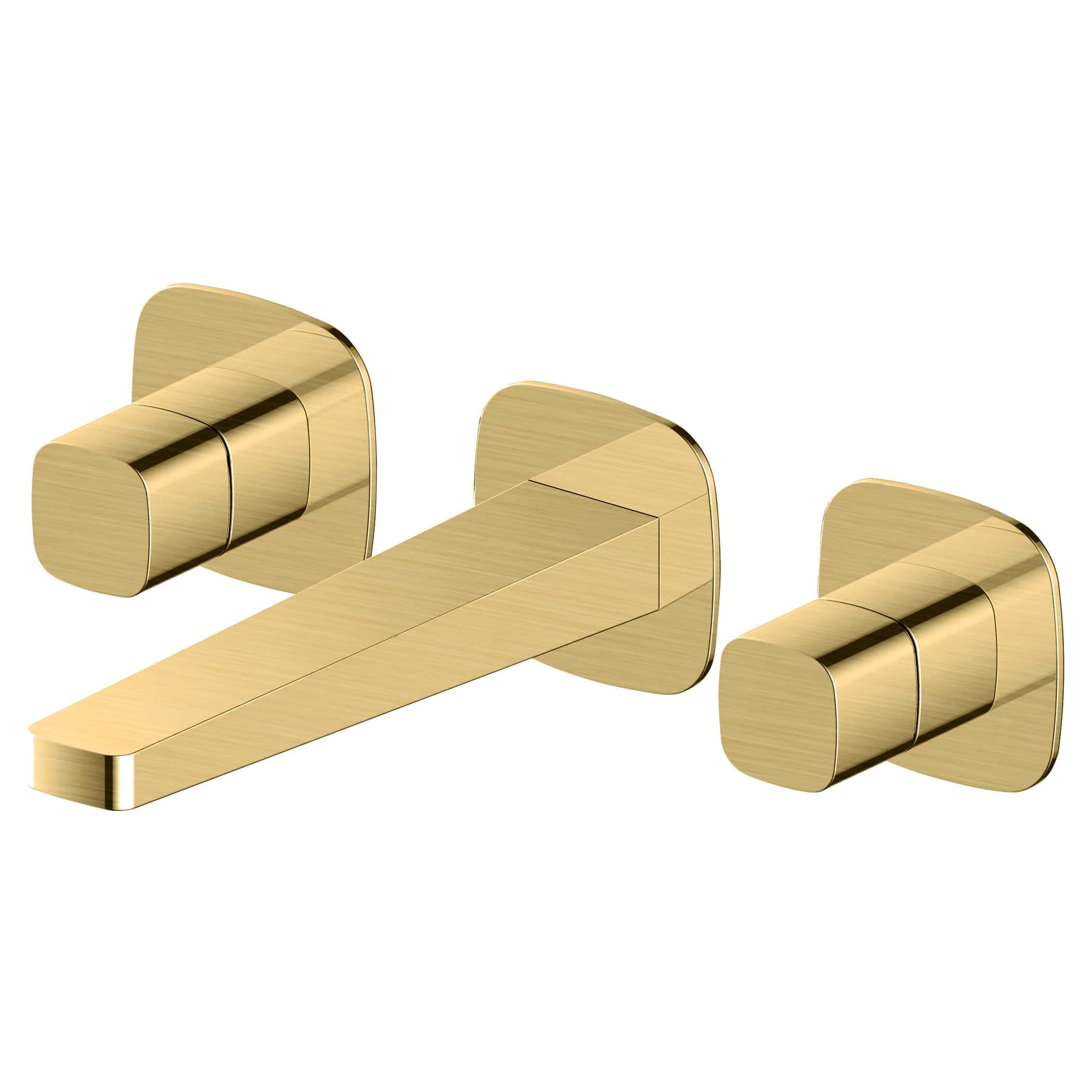 Brass wall-mounted bathroom faucet with dual handles, modern minimalist design, ideal for stylish bathroom remodels. Perfect for contemporary bathrooms, high-quality and durable fixture.
