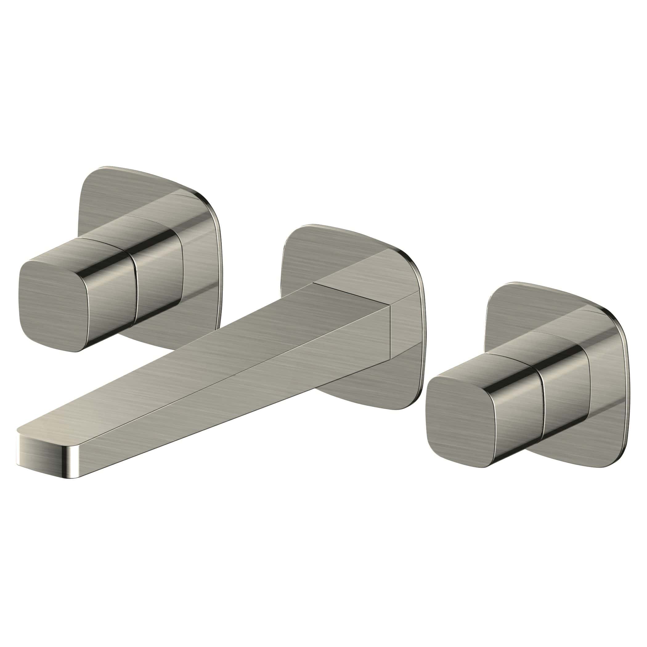 Sleek modern stainless steel wall-mounted bathroom faucet with dual handles, minimalist design, perfect for contemporary bathrooms.