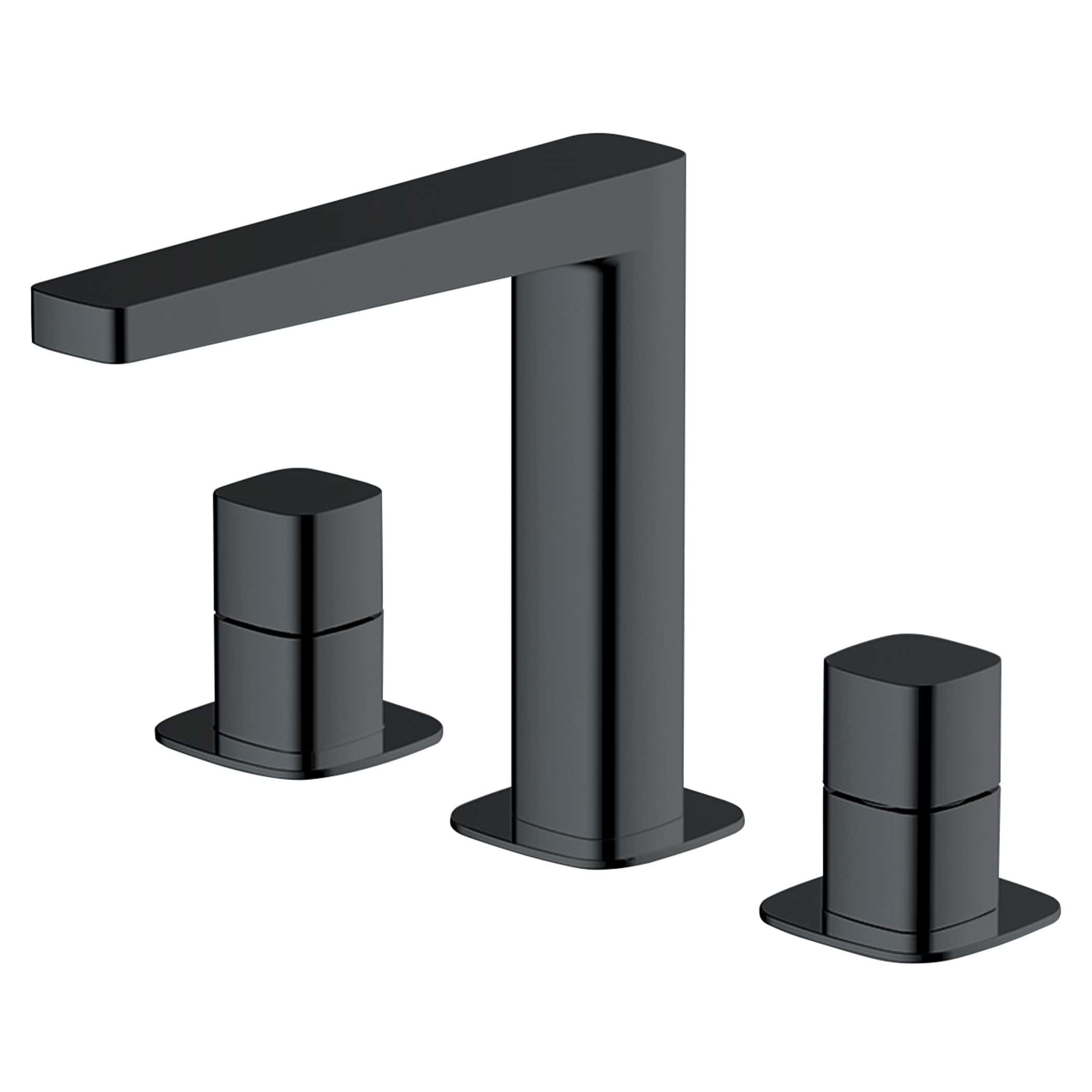 Modern black bathroom tap with dual handles and sleek design for contemporary bathrooms.