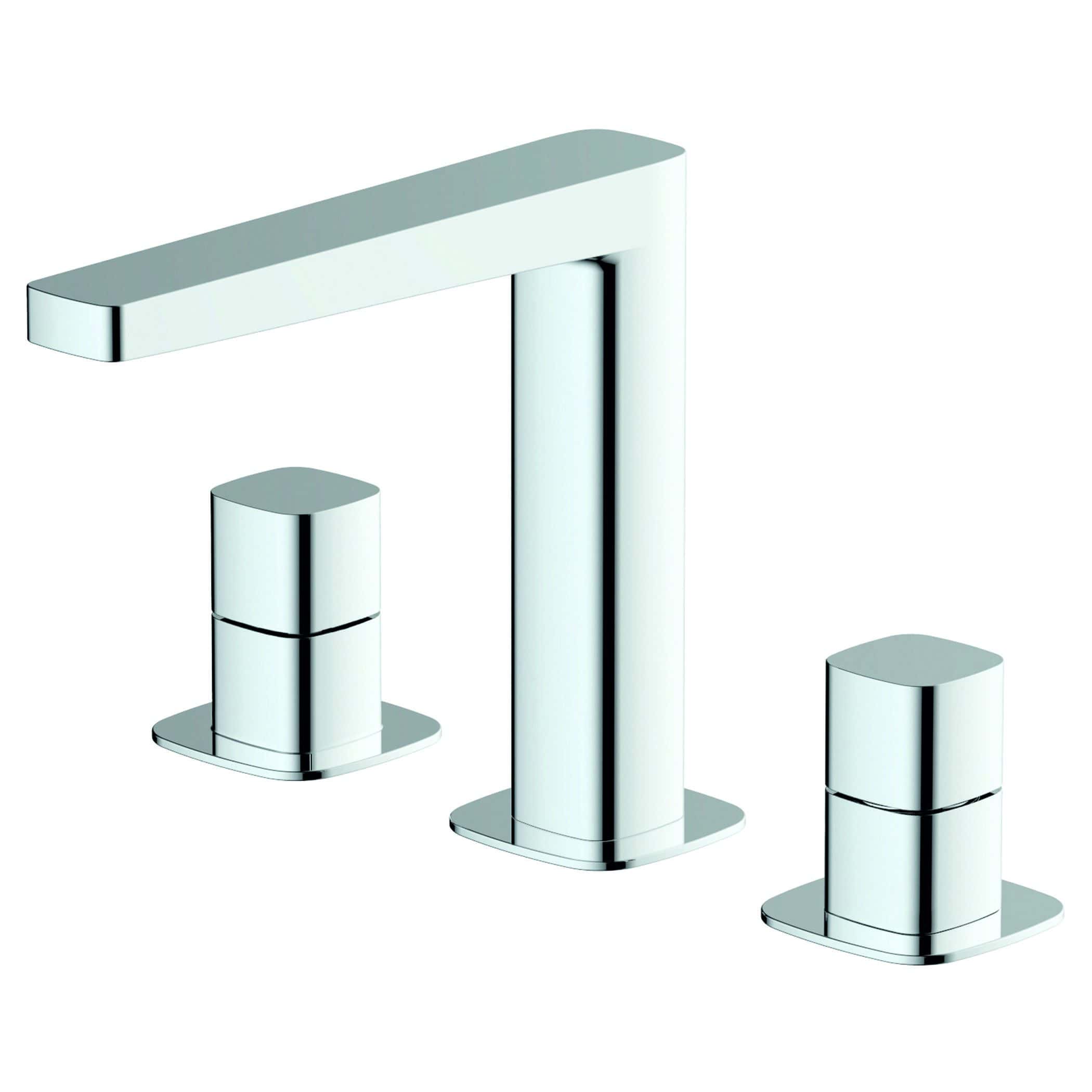 Brass bathroom faucet set with a modern sleek design, includes a tall spout and two separate handles, perfect for contemporary bathroom decor.