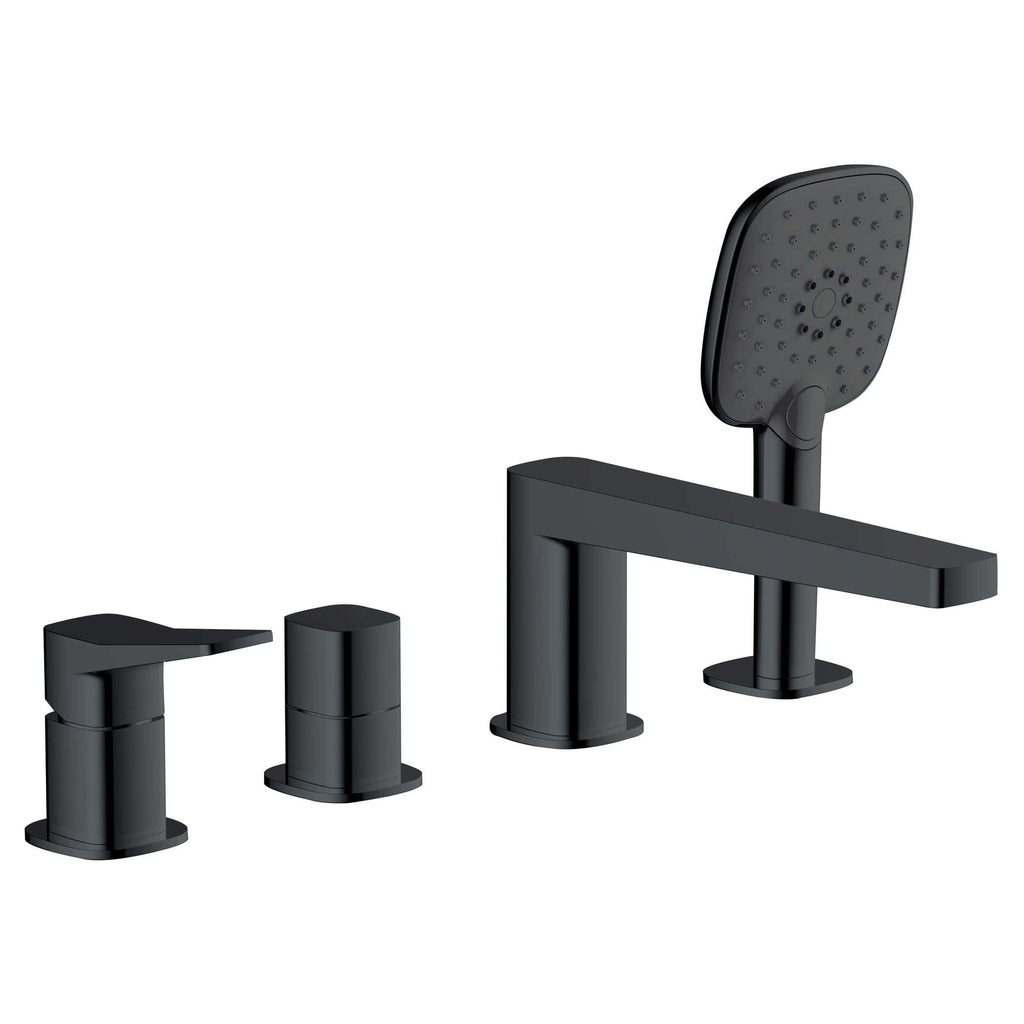 Black matte bathroom mixer tap and shower set with square design, including separate hot and cold controls and a handheld shower head, ideal for modern bathroom renovations.