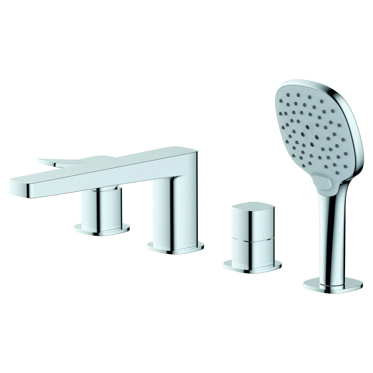 Sleek modern chrome bathroom faucet with a separate handheld showerhead and matching accessories, ideal for contemporary bathroom fixtures and quality water control.