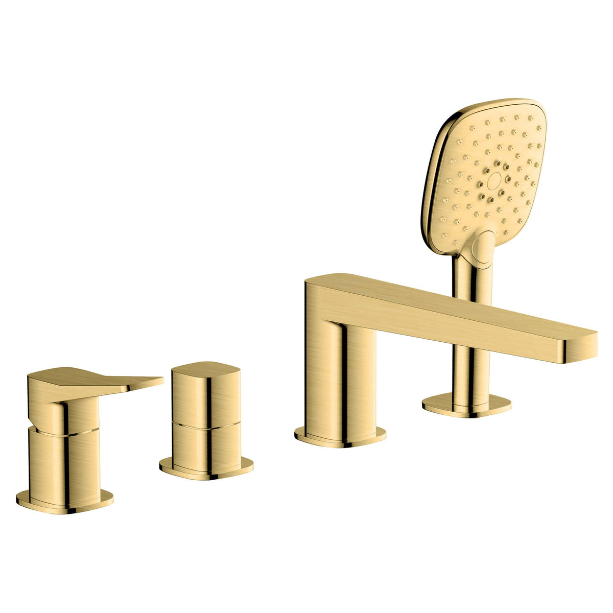 Polished gold bathroom mixer tap set with matching shower head and controls, modern and luxurious design for elegant bathroom decor.