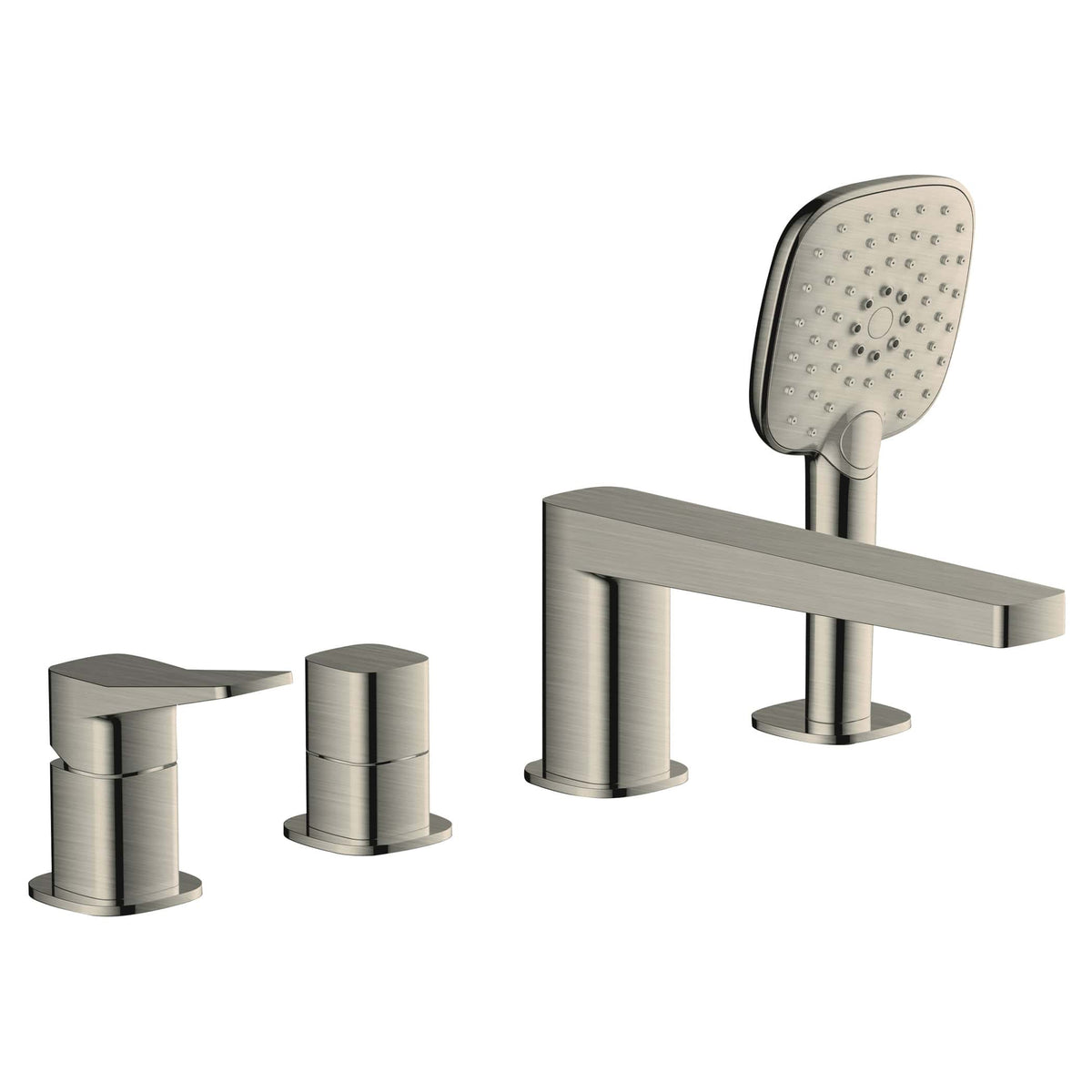 Sleek modern bathroom mixer tap and shower set in brushed nickel finish, designed for contemporary bathrooms, with a minimalist style and durable build quality.