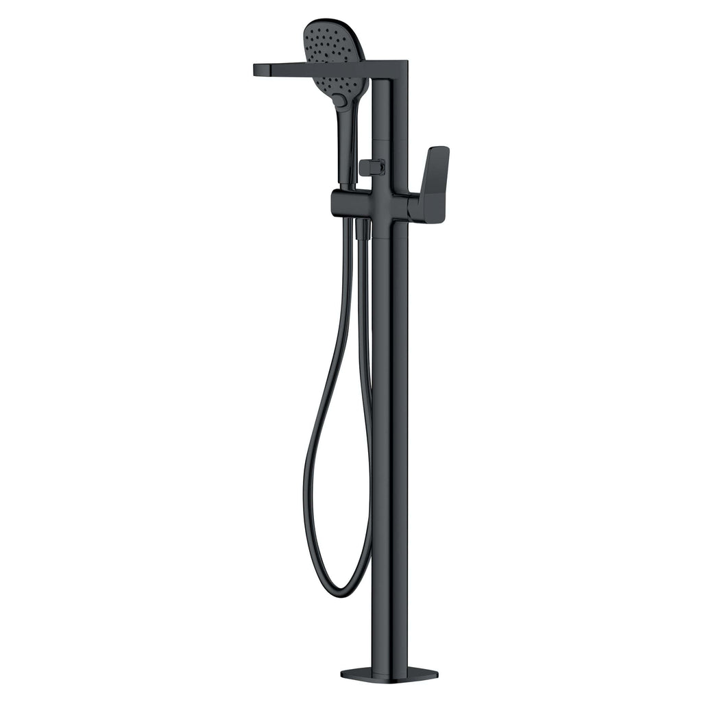 Sleek black freestanding shower panel with adjustable hand shower and modern design for luxury bathroom bathrooms and shower room upgrades.