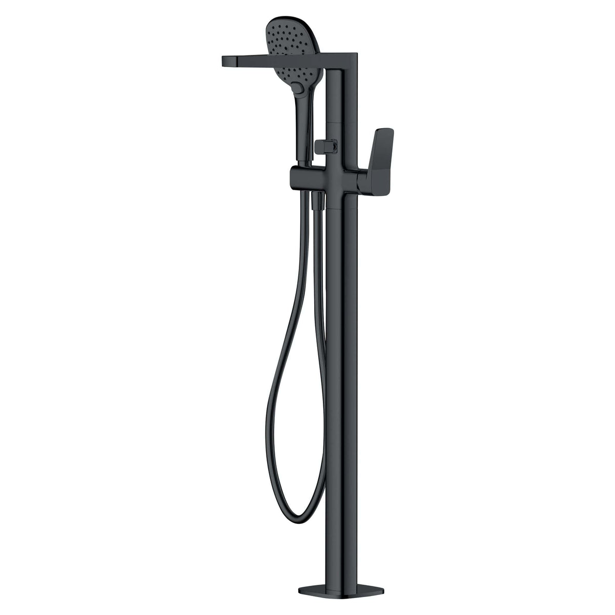 Sleek black freestanding shower panel with adjustable hand shower and modern design for luxury bathroom bathrooms and shower room upgrades.