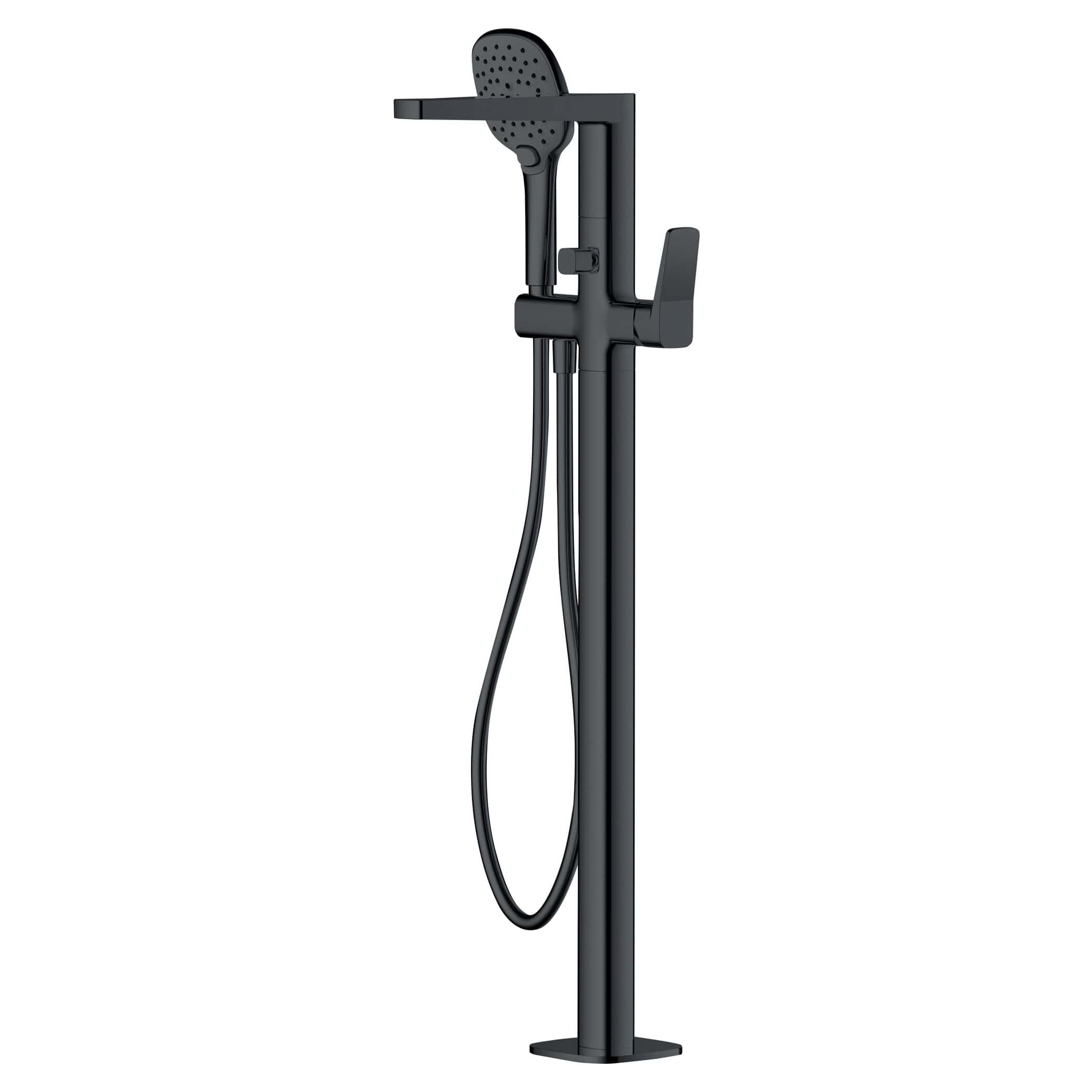 Sleek black freestanding shower panel with adjustable hand shower and modern design for luxury bathroom bathrooms and shower room upgrades.