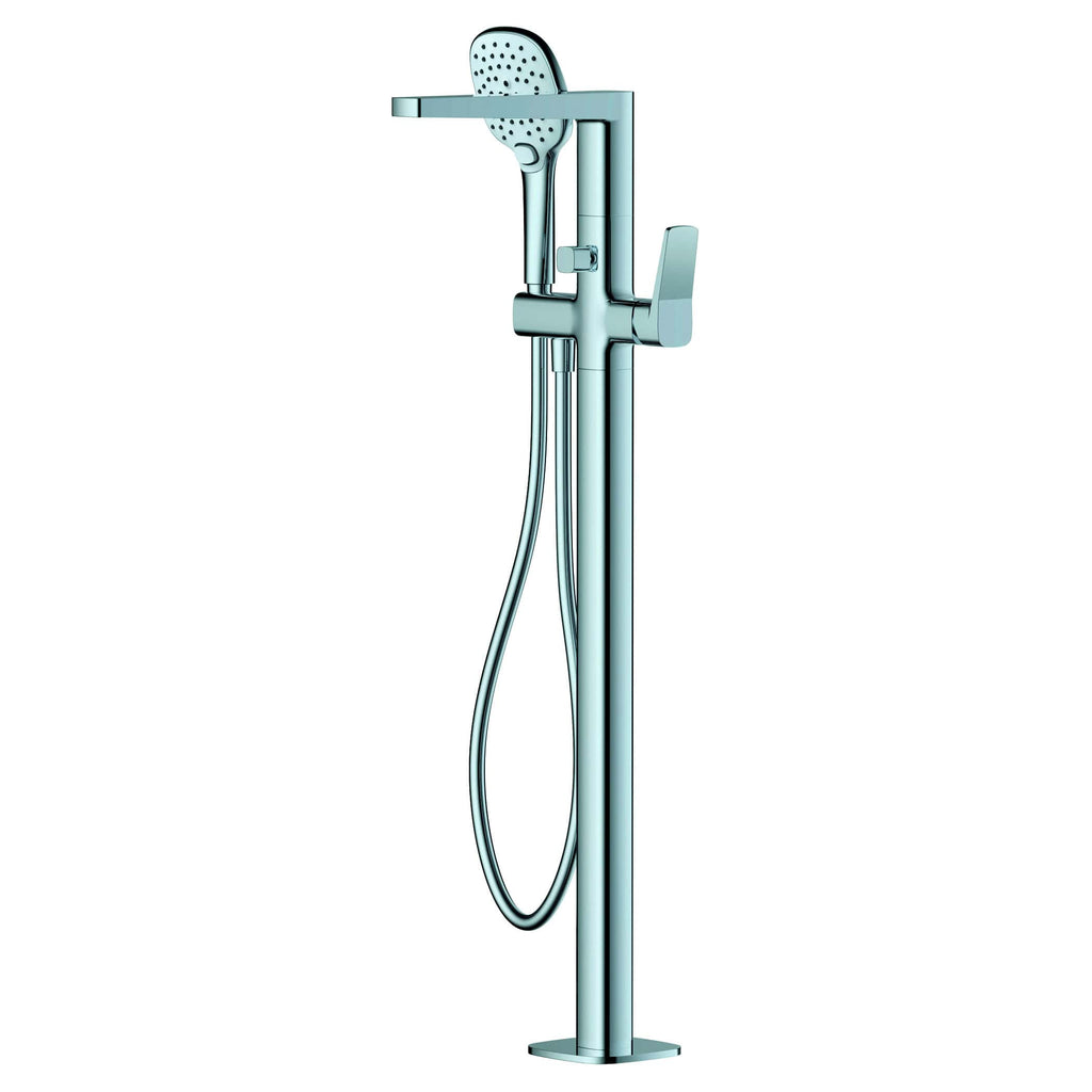 Modern freestanding bathroom shower system with rainfall shower head and handheld sprayer, ideal for luxury bathroom renovations.