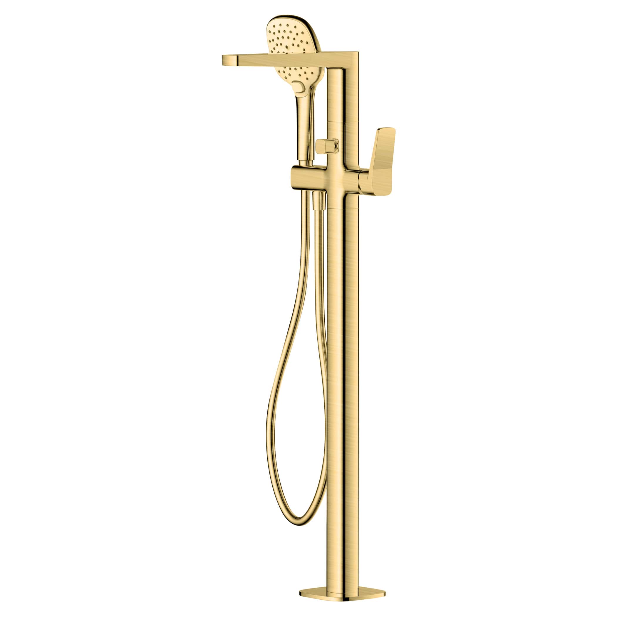 Polished gold freestanding bathroom shower column with handheld shower head and modern design, ideal for luxurious bathroom renovation and high-end bathroom fixtures.