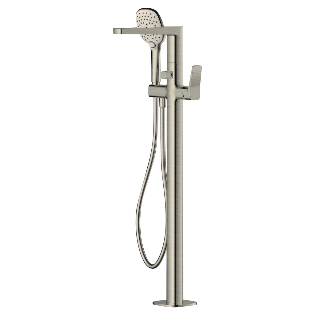 Modern freestanding bathroom shower mixer with handheld showerhead, chrome finish, ideal for contemporary Bathtubs and Shower Rooms.