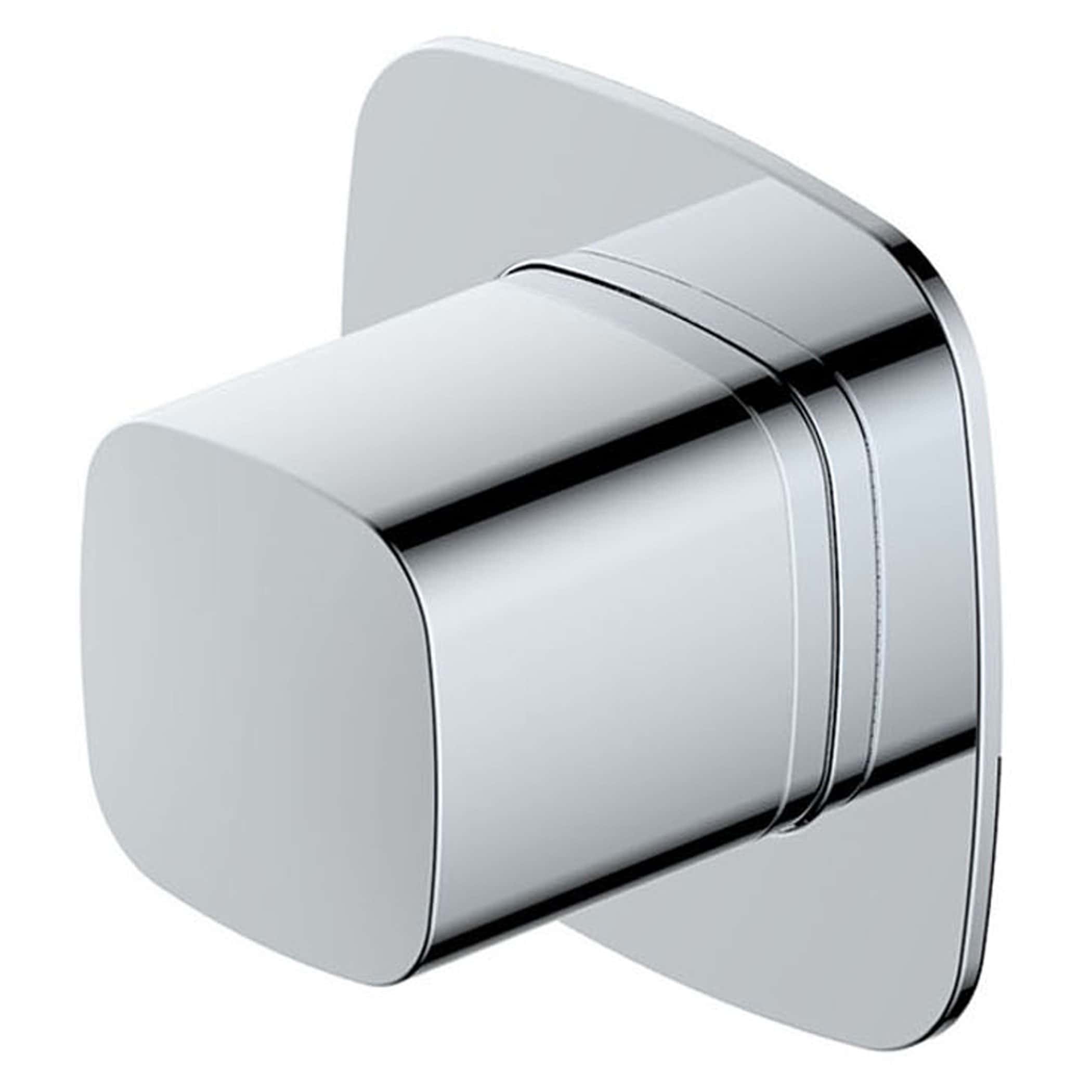 Polished chrome bathroom shower valve, modern design, thermostatic control fixture for stylish, functional bathroom plumbing.