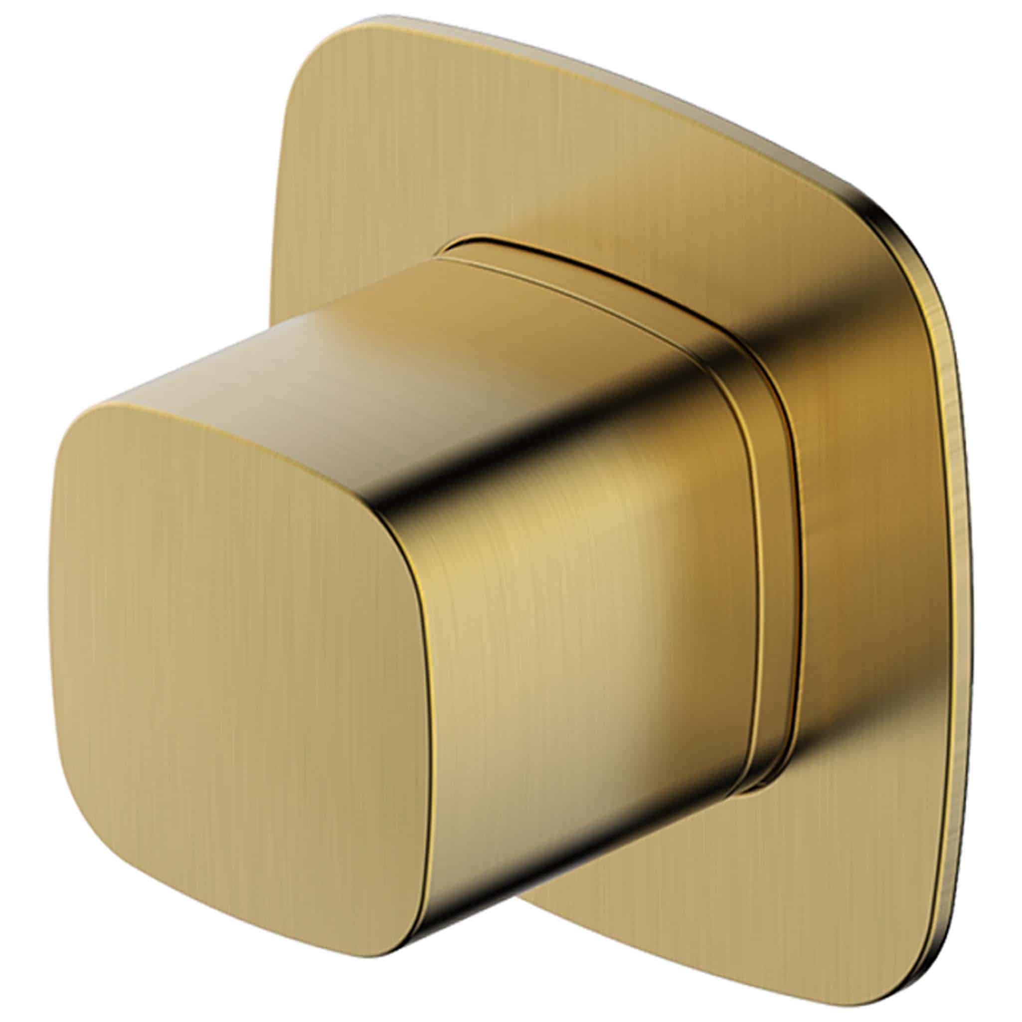 Shiny gold bathroom volume control knob for modern fittings. Luxurious tap or shower handle component in elegant bathroom design. High-quality metallic fixture ideal for contemporary wet room accessories.