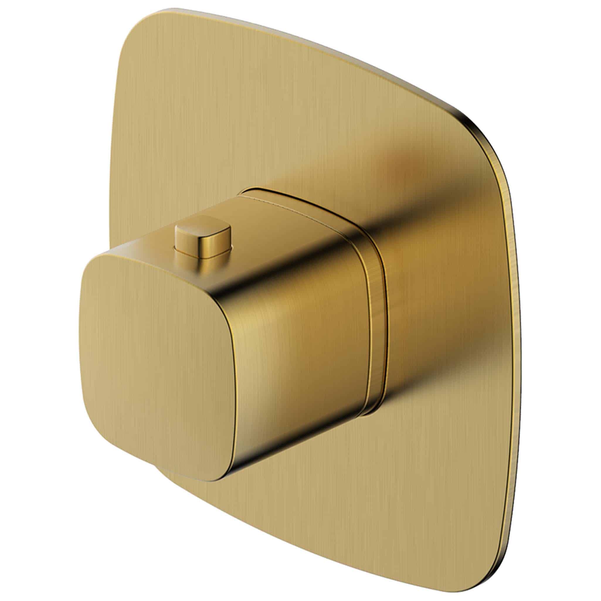 Polished gold shower thermostat control with modern square design and sleek finish. Perfect for luxurious bathroom remodels and contemporary shower systems.