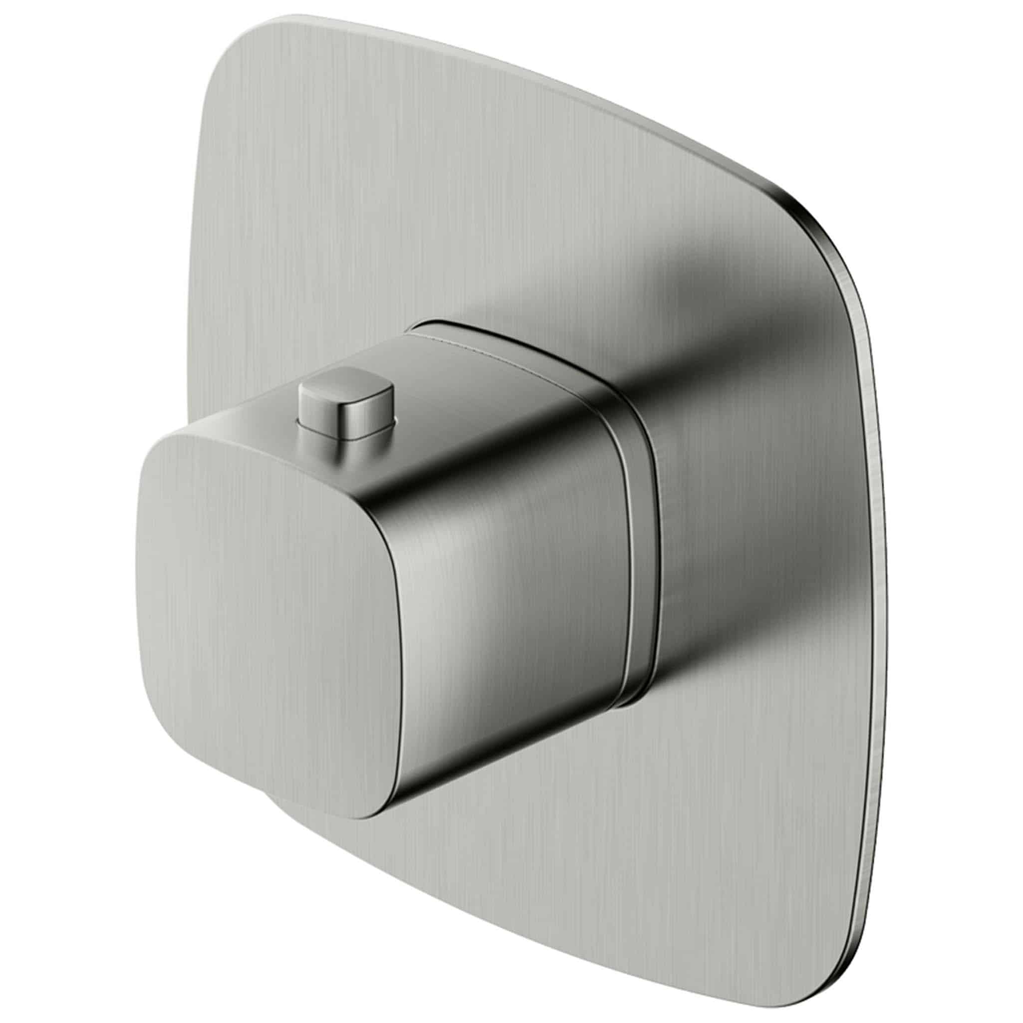 Brushed stainless steel wall-mounted shower valve for modern bathroom fixtures and fittings.