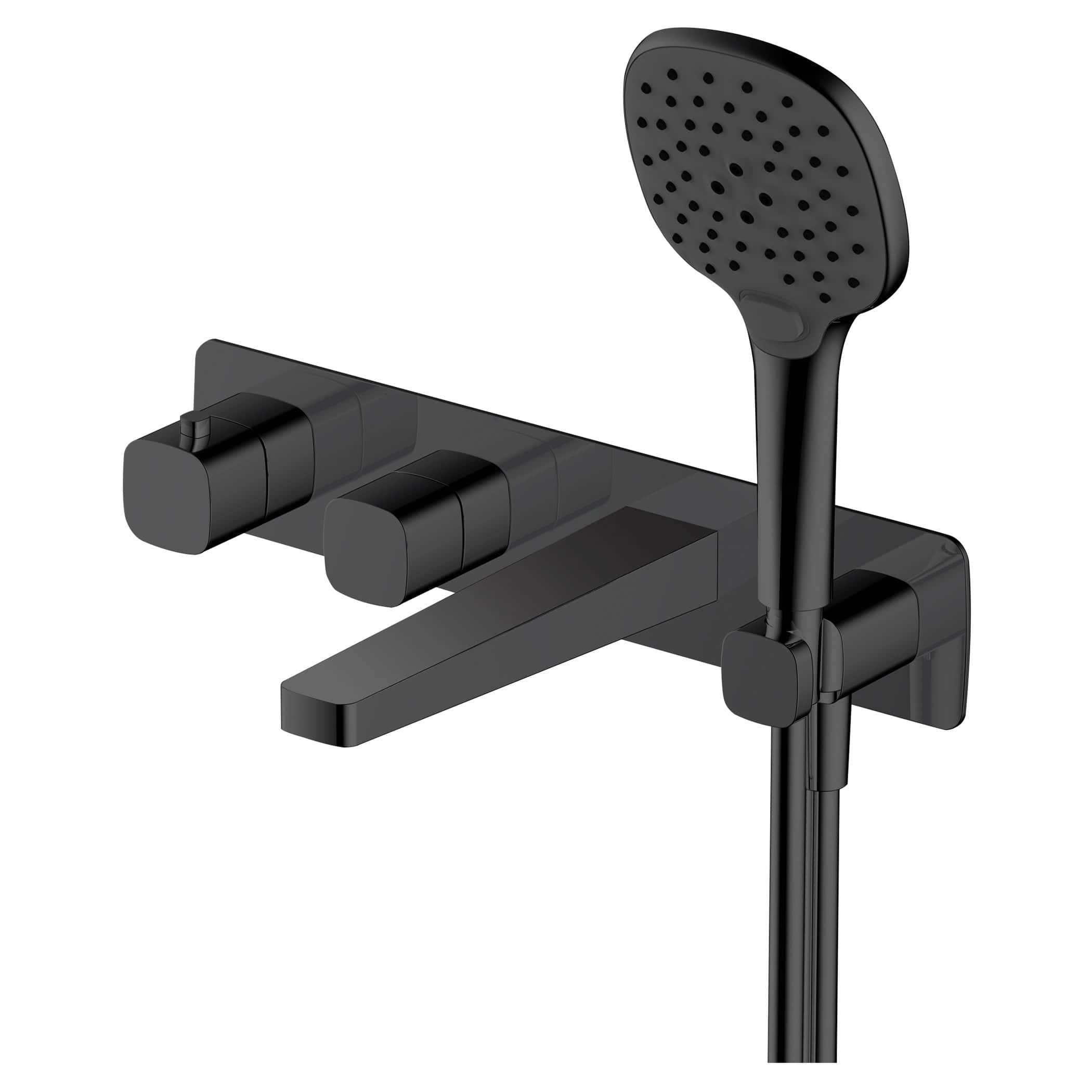 Black shower mixer with handheld shower head for modern bathroom renovation. Perfect for sleek, minimalist bathroom aesthetics, combining functionality and contemporary style.
