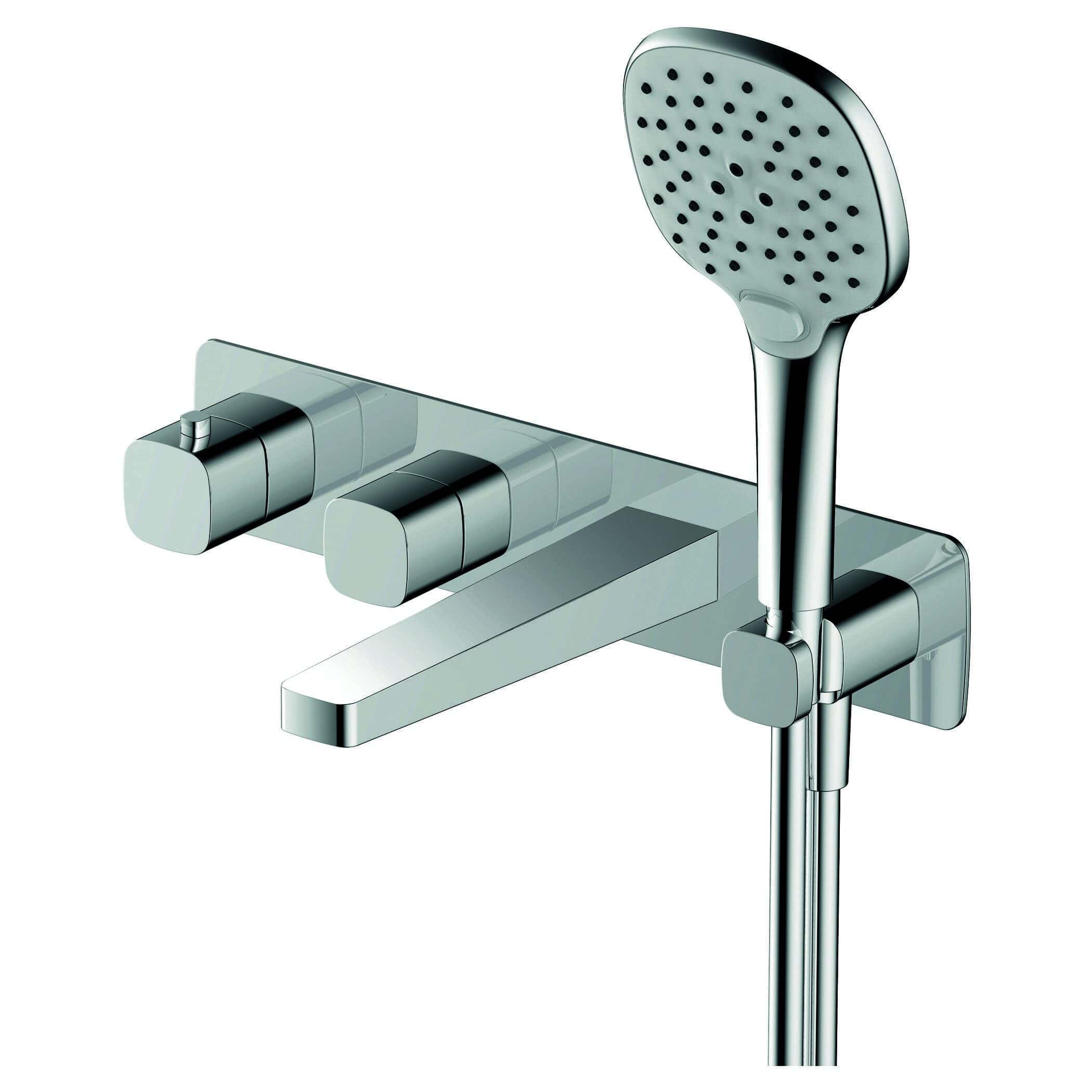 Polished chrome thermosta shower mixer with handheld shower head, modern bathroom fixtures, sleek design, perfect for luxury bathroom renovation.