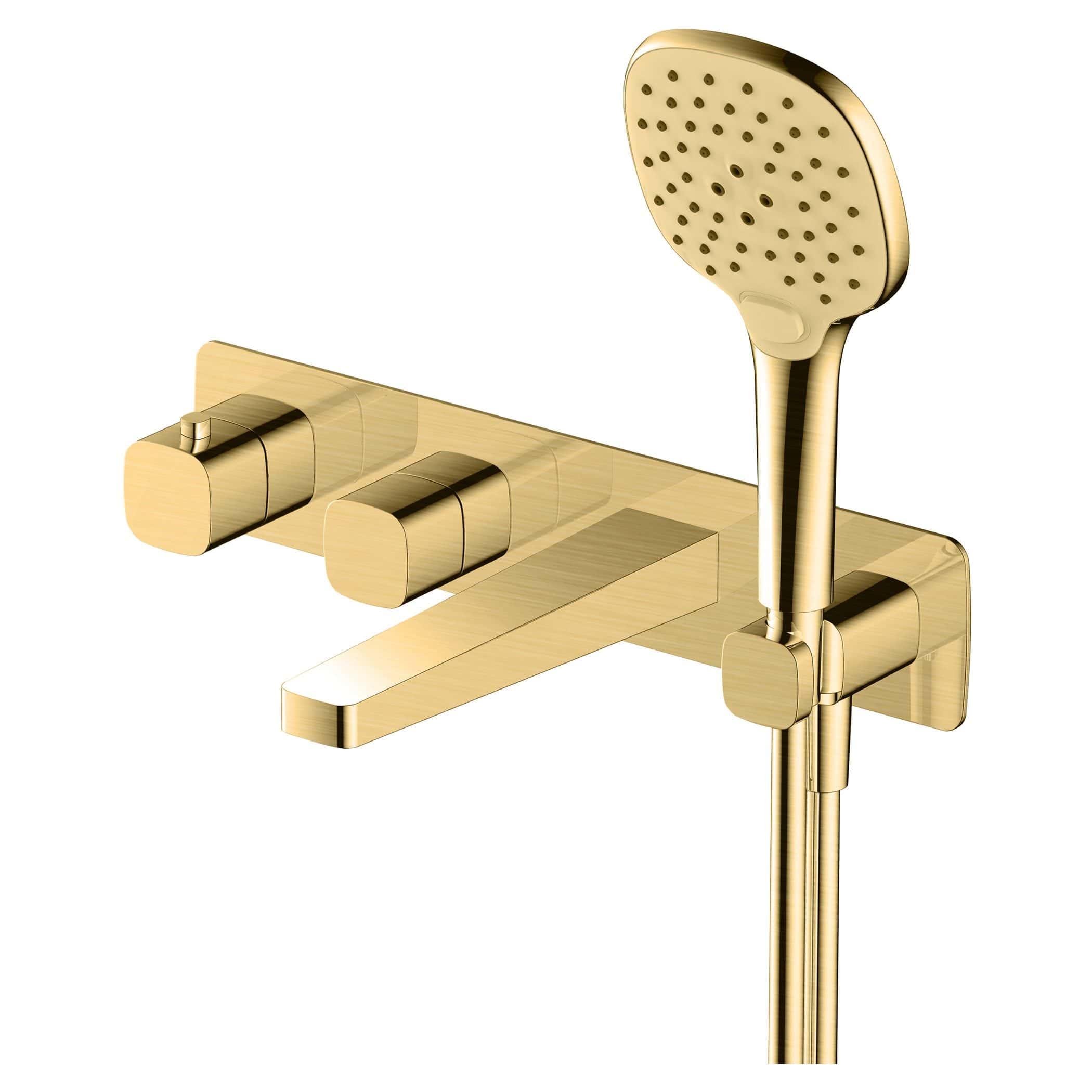 Luxurious gold shower mixer tap with adjustable handheld showerhead, perfect for modern bathroom designs and convenient showering experiences.