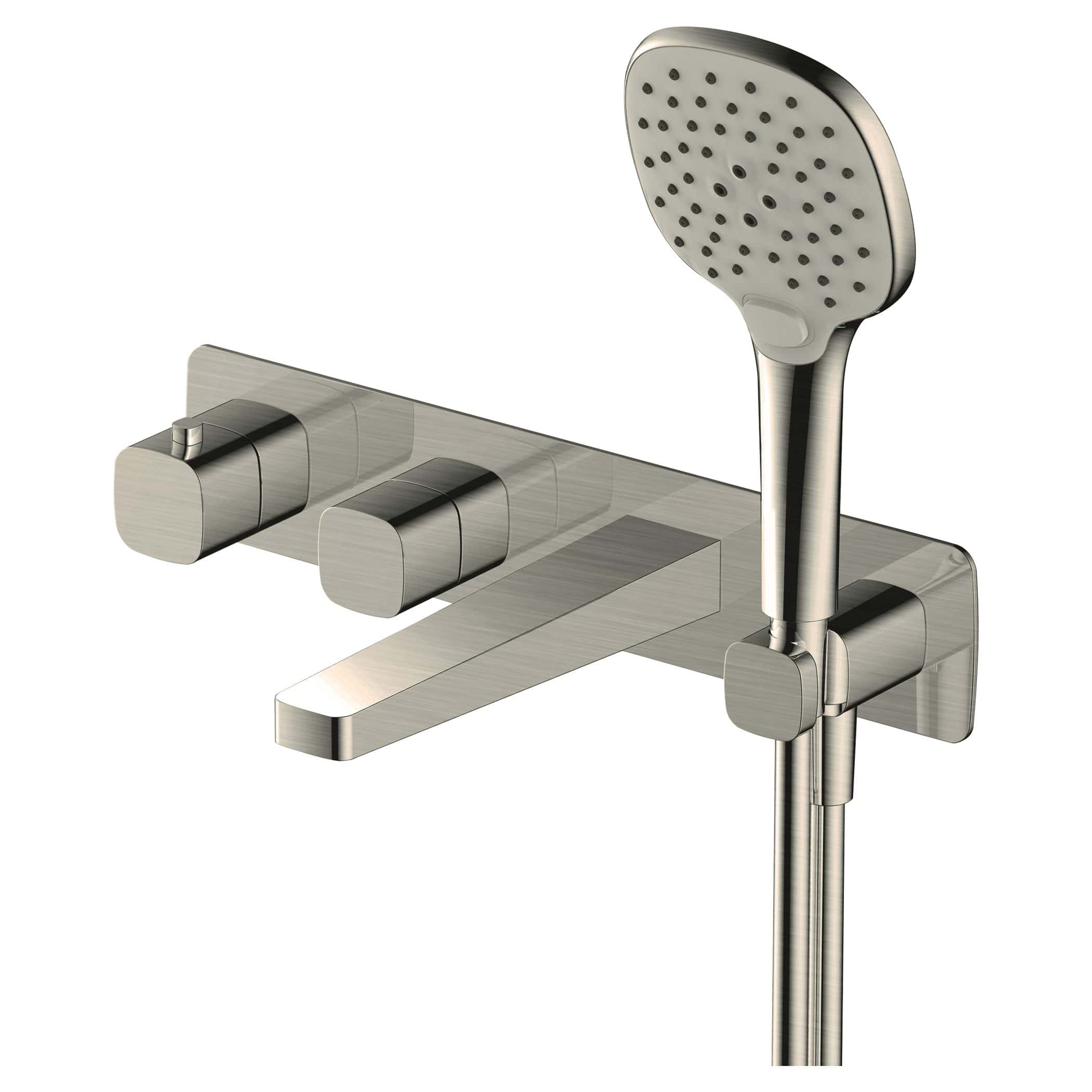 Shower mixer tap with a handheld showerhead in modern brushed stainless steel finish, ideal for bathroom renovation or upgrading shower systems for enhanced water control.