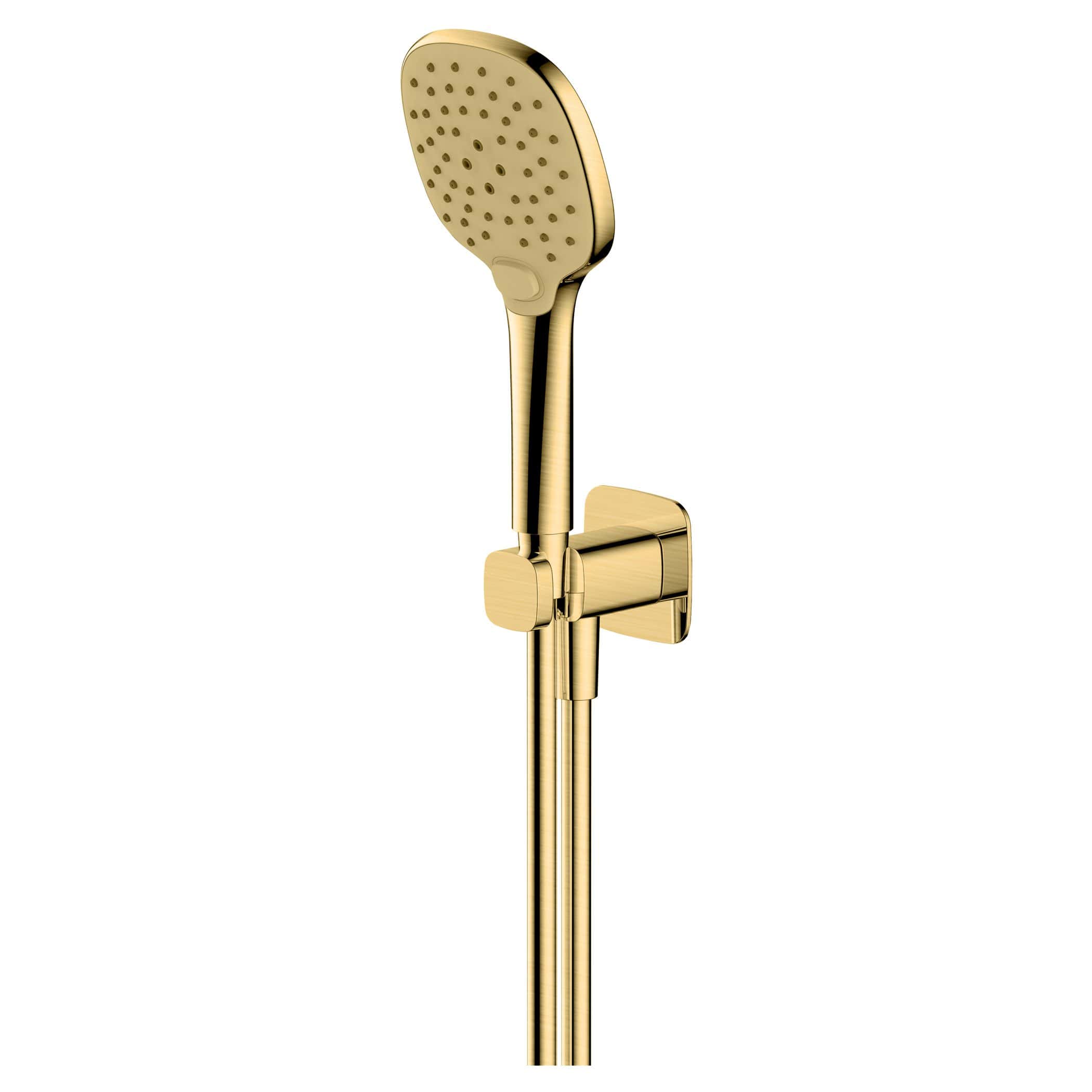 Gold shower head with adjustable height and modern design for luxury bathrooms.