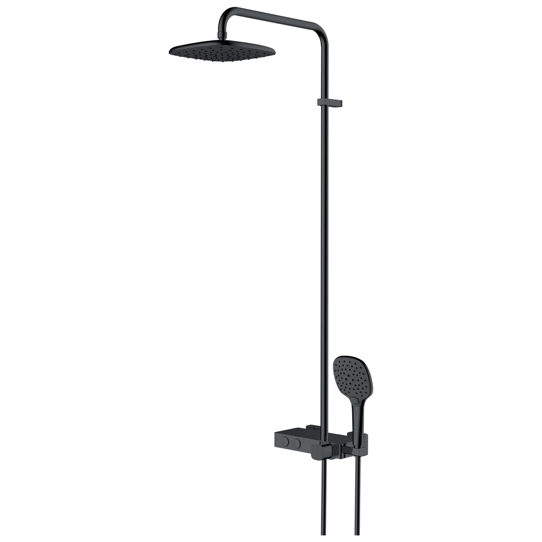 Modern black shower rainhead with adjustable handheld shower in a sleek bathroom setting.