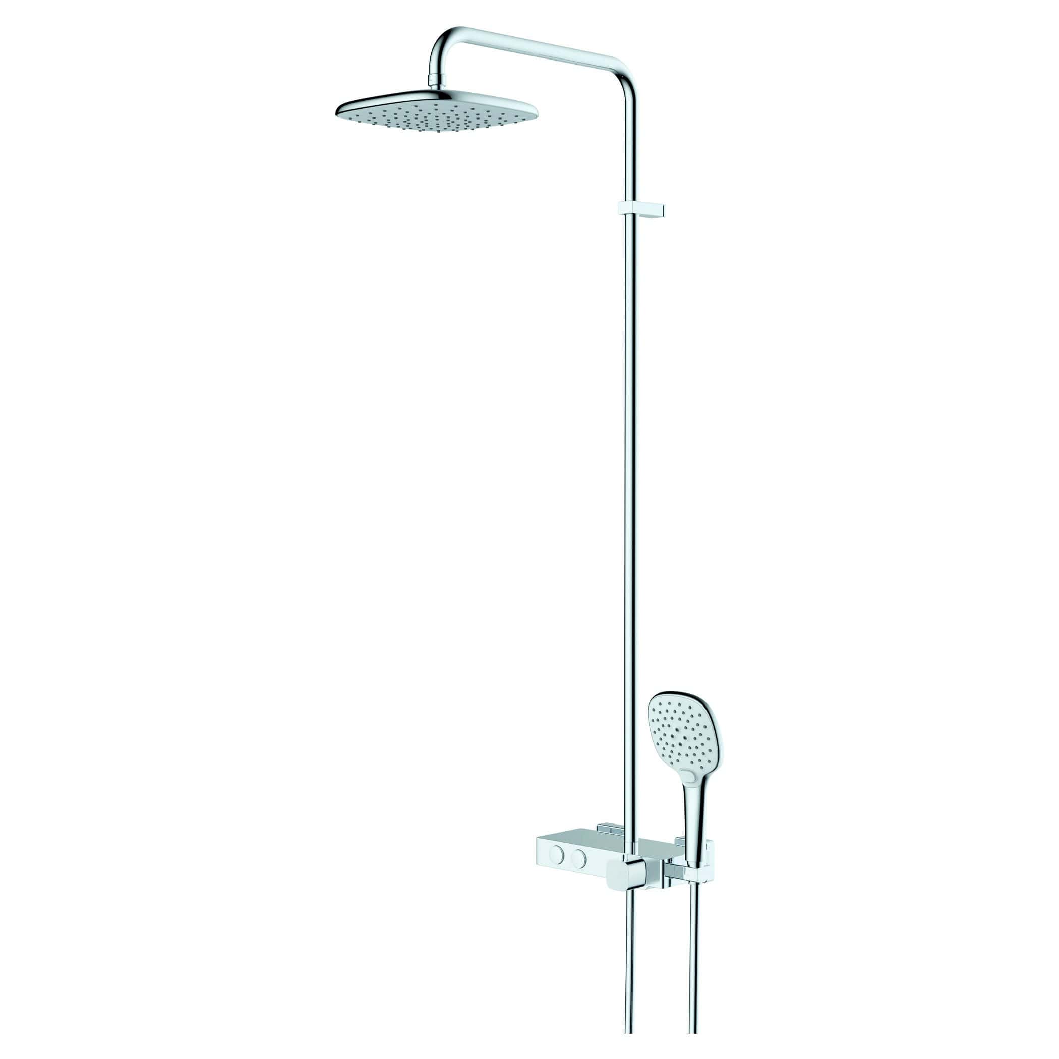 Elegant chrome shower system with overhead rain shower and hand spray, ideal for modern bathrooms. Enhances comfort and style in your bathroom renovation with high-quality fixtures.