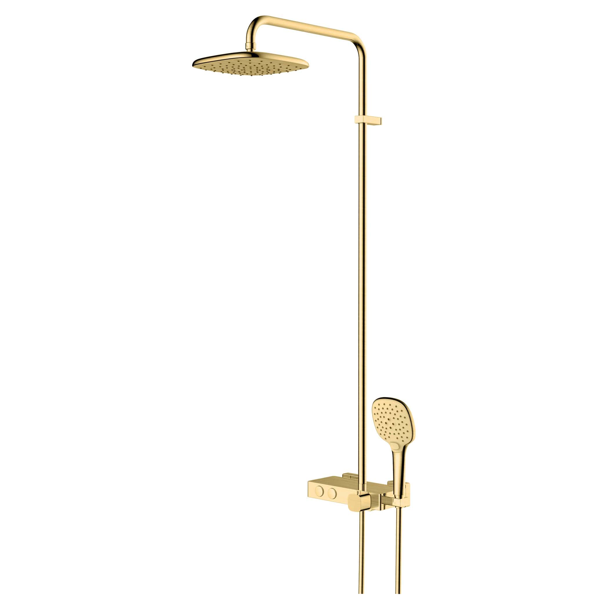 Luxurious gold shower system with a rainfall head and handheld shower, designed for modern bathrooms. High-quality, stylish, and durable for an elegant bathing experience.