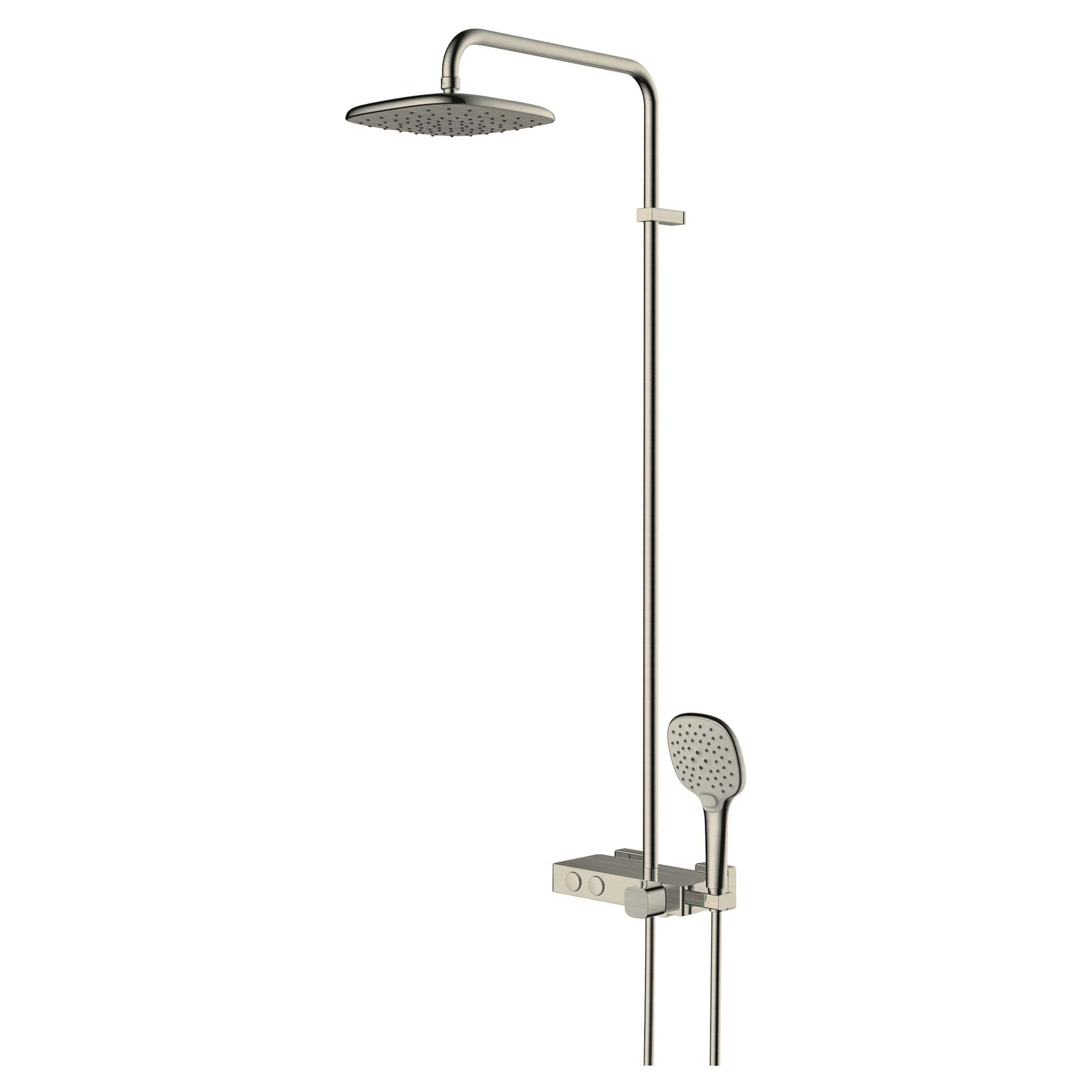 Sleek modern shower system with rain shower head and hand-held shower for luxury bathroom upgrades.