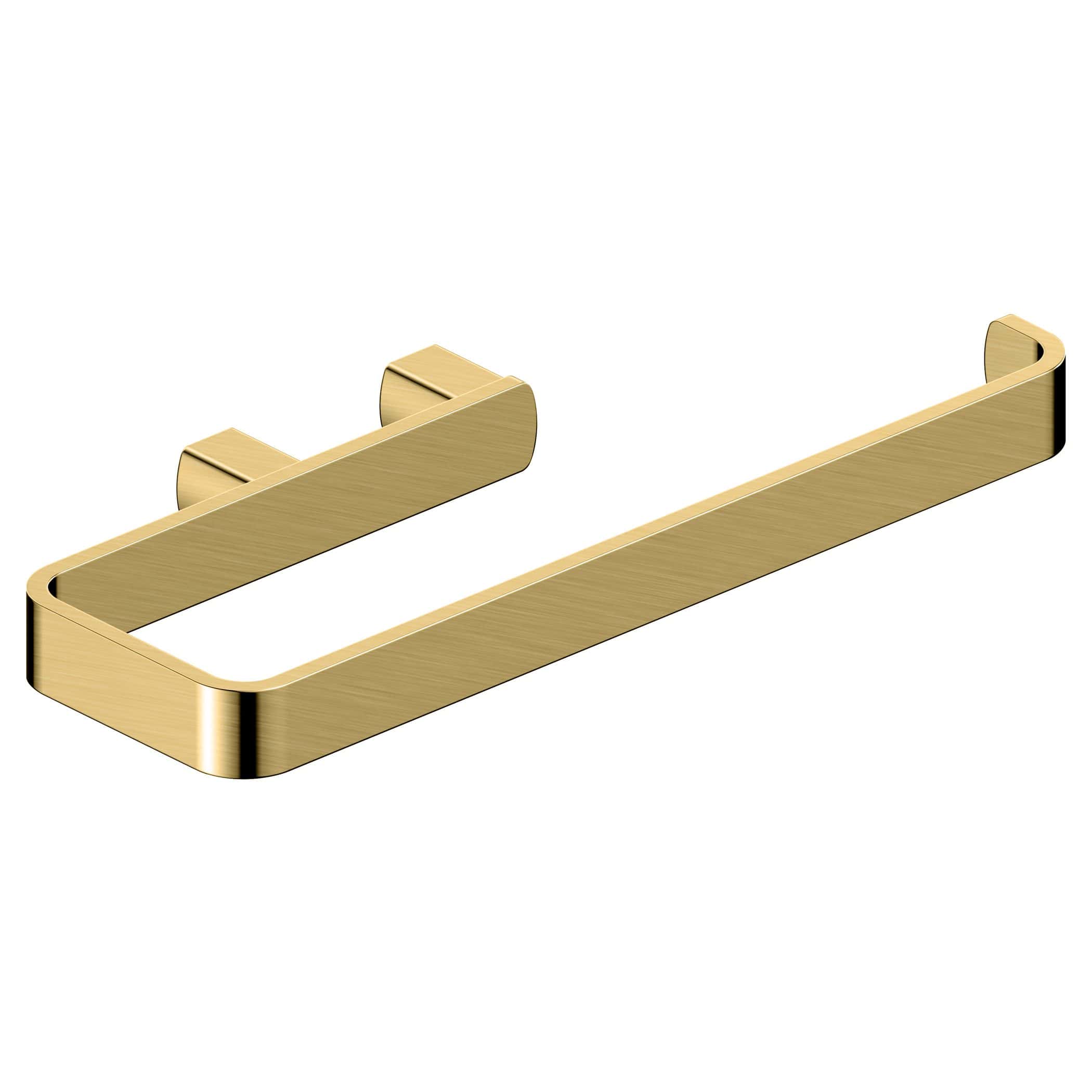 Shiny gold bathroom towel rail mounted on wall, modern and minimalist design, perfect for luxury bathroom decor.