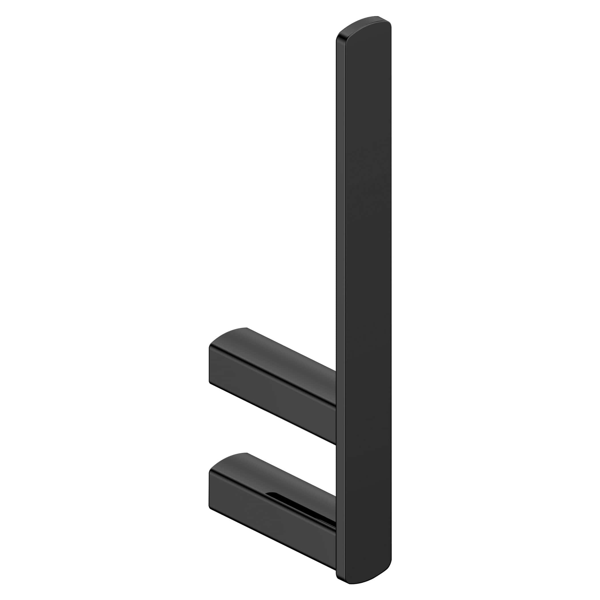 Black bathroom towel hanger with two horizontal bars, sleek modern design, ideal for organisation and style in contemporary bathrooms. Perfect for towels, robes, and accessories.