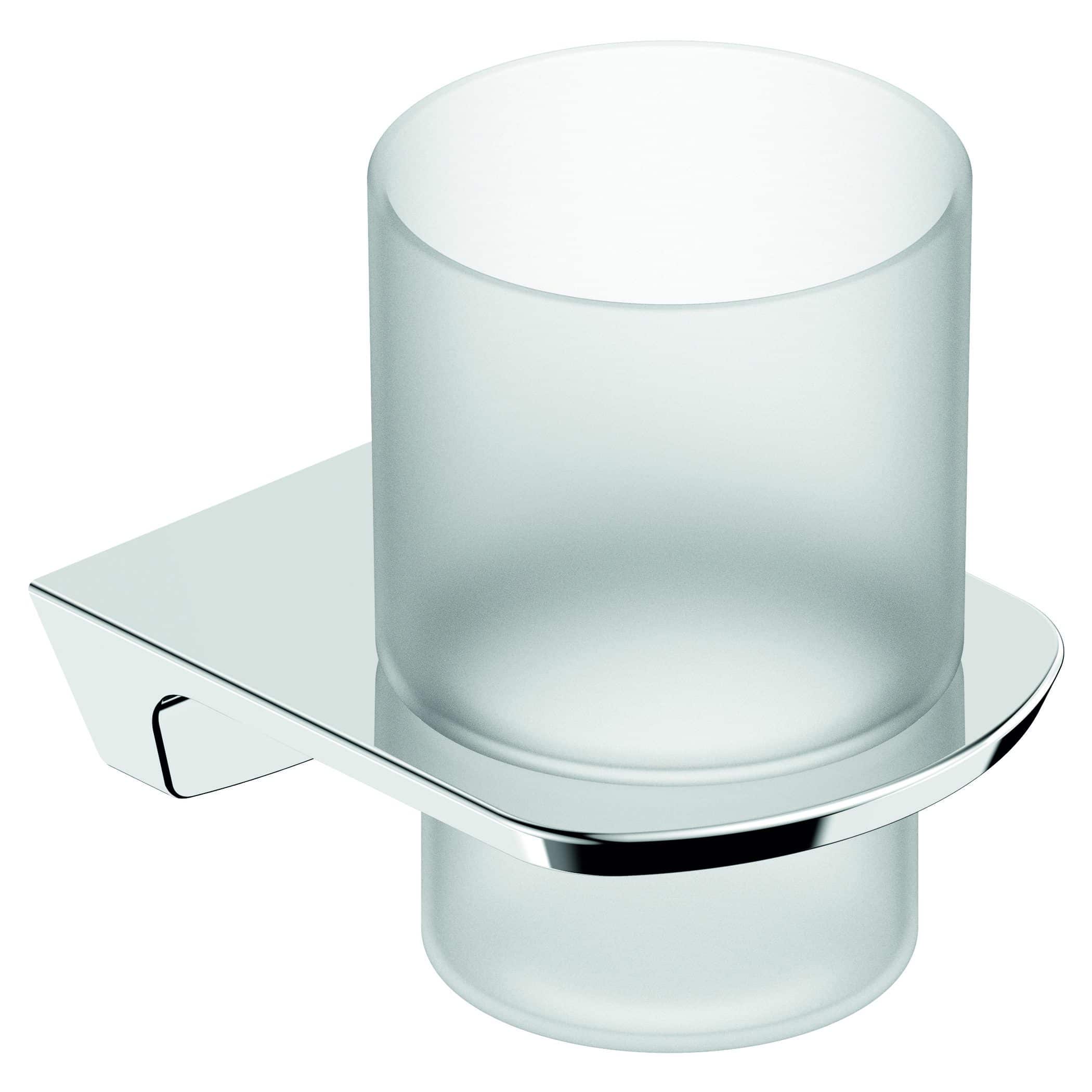 Sleek modern glass and chrome bathroom tumbler holder designed for elegant bathroom organisation and easy access to everyday essentials. Perfect for contemporary bathroom decor.
