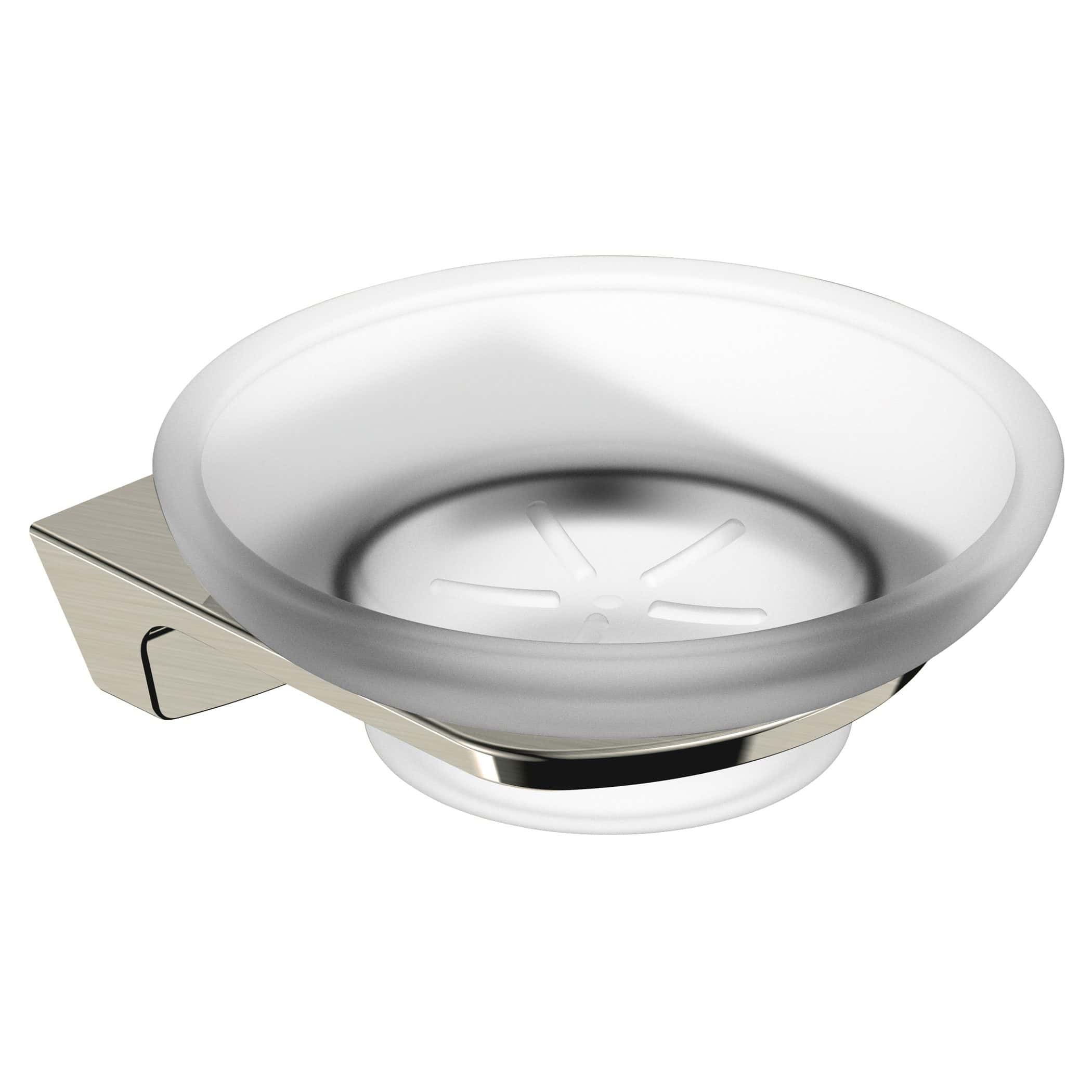 Polished stainless steel and white ceramic soap dish with drainage holes, designed for modern bathrooms. Durable and easy to clean, perfect for keeping soap dry and accessible.