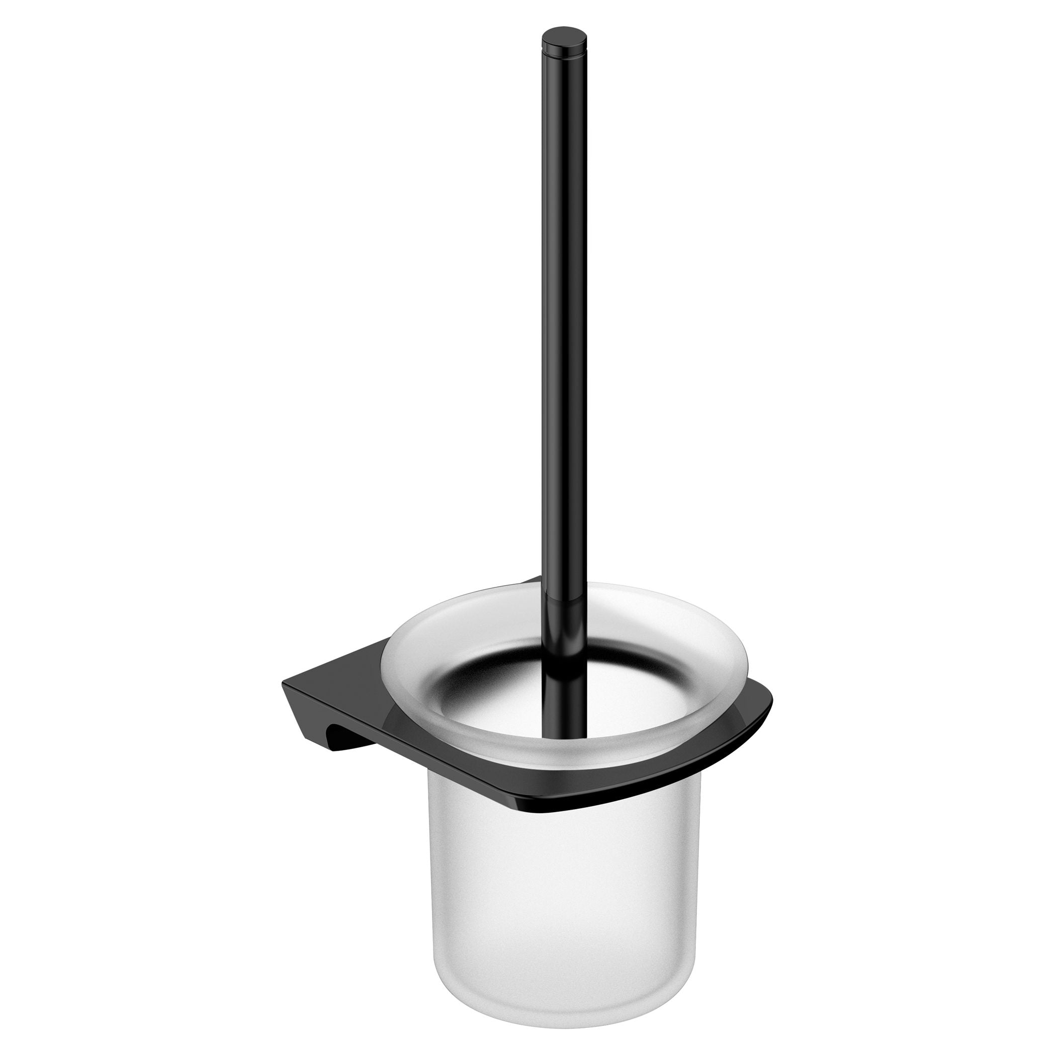 Stainless steel toilet brush holder with black plastic base, modern bathroom accessory, durable and hygienic cleaning tool, ideal for maintaining bathroom hygiene and style.