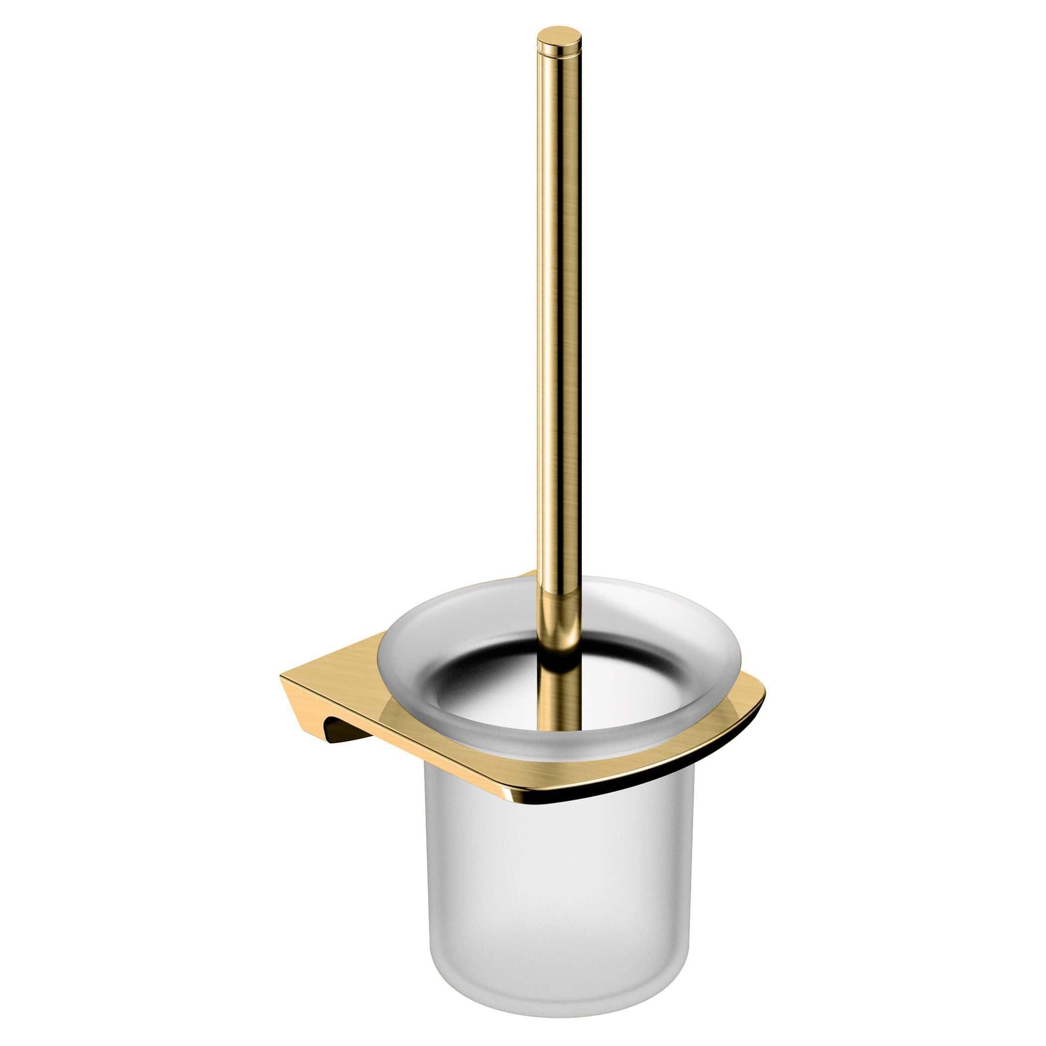 Elegant stainless steel toilet brush with gold accents, designed for modern bathrooms. Durable and easy to clean toilet cleaning tool, perfect for maintaining bathroom hygiene and style.