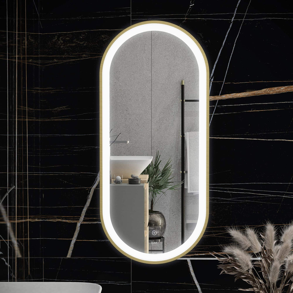 Sleek modern bathroom mirror with integrated LED lighting, designed for contemporary bathroom decor and optimal illumination.